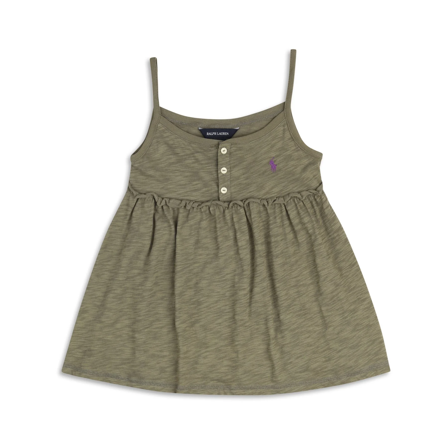 A beige sleeveless dress for a girl with thin straps, a button-up front, an elastic waistband, and a purple embroidered logo of a polo player on a horse.