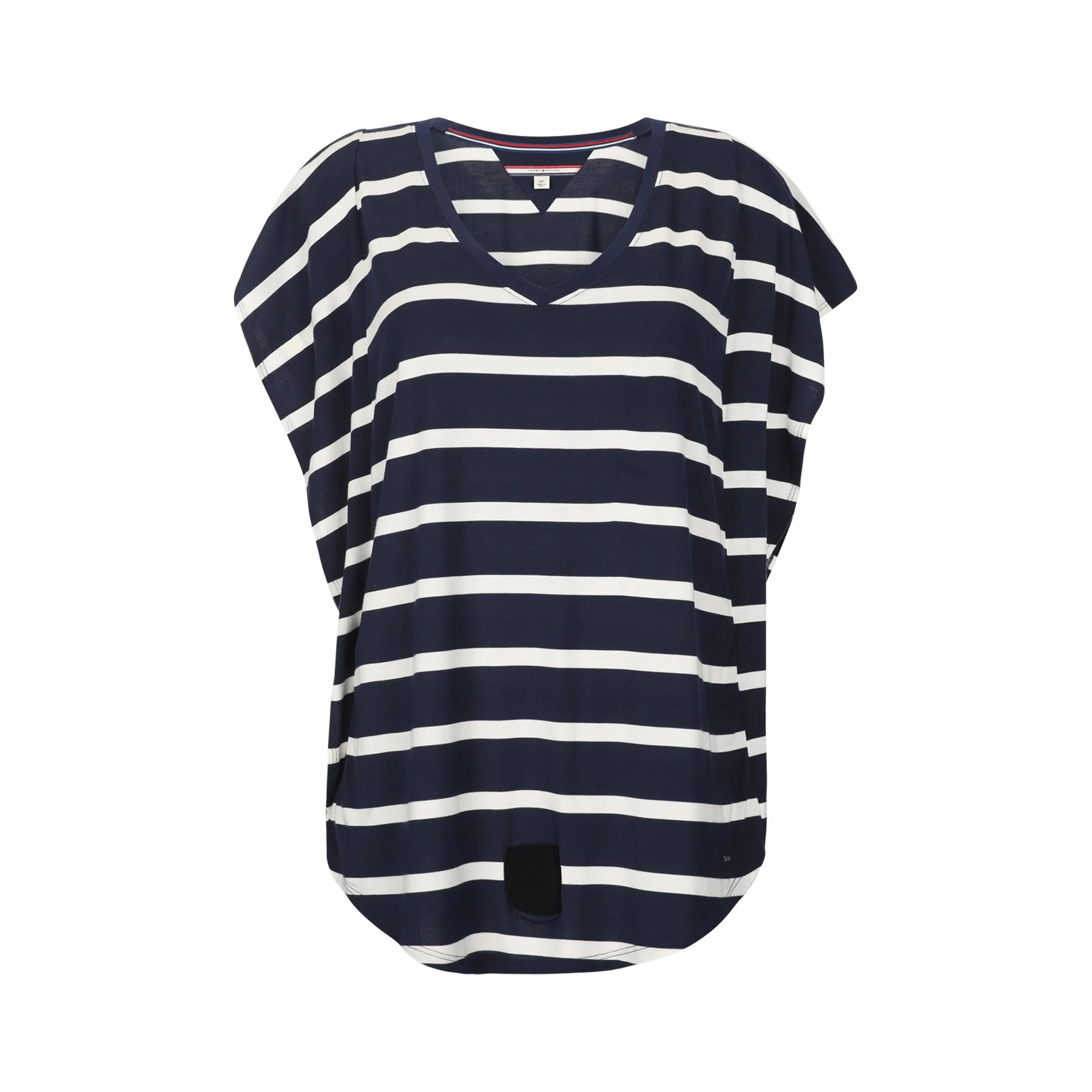 A navy blue and white horizontally striped short-sleeve tunic or dress with a V-neck against a plain white background.