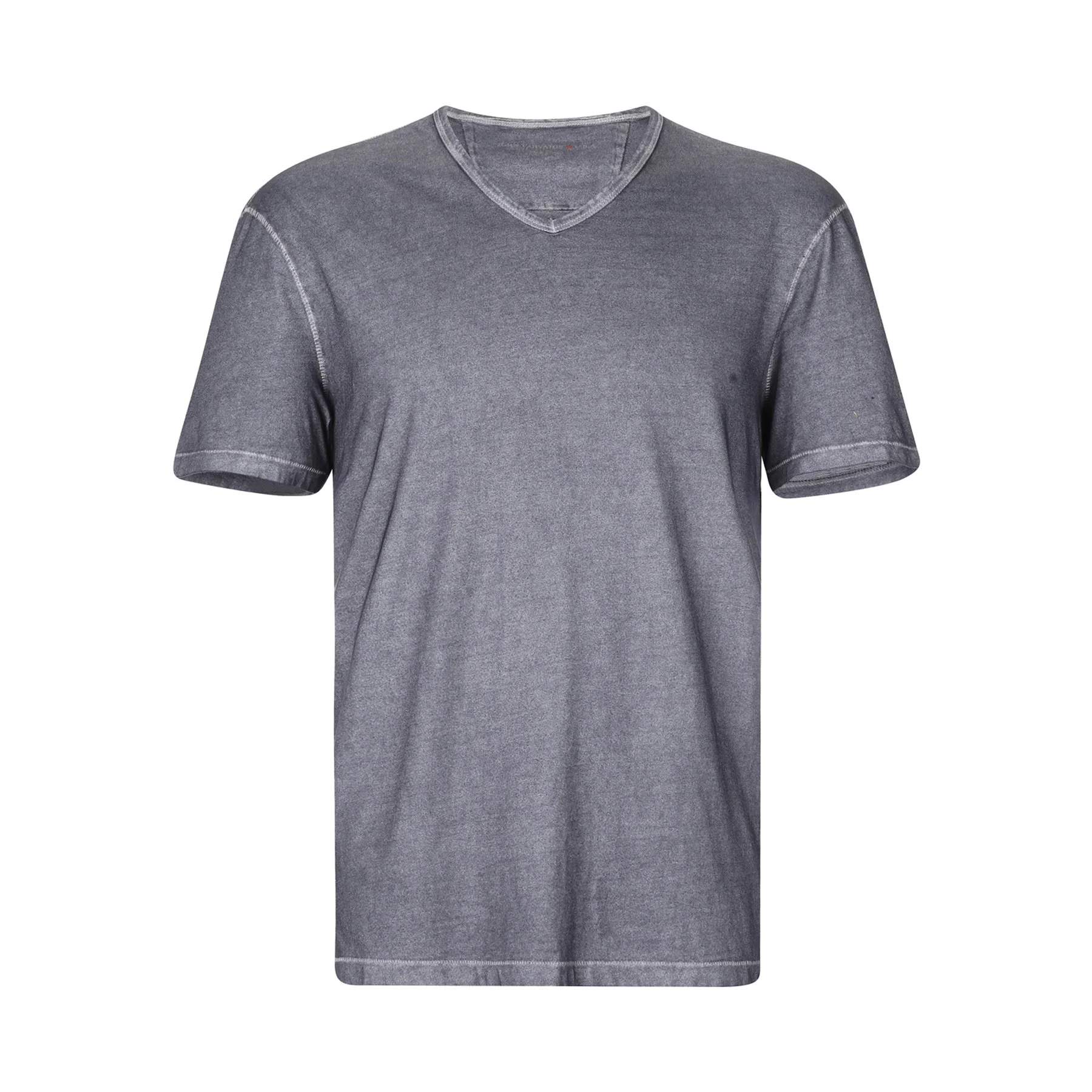Gray V-neck T-shirt with short sleeves on a plain white background.