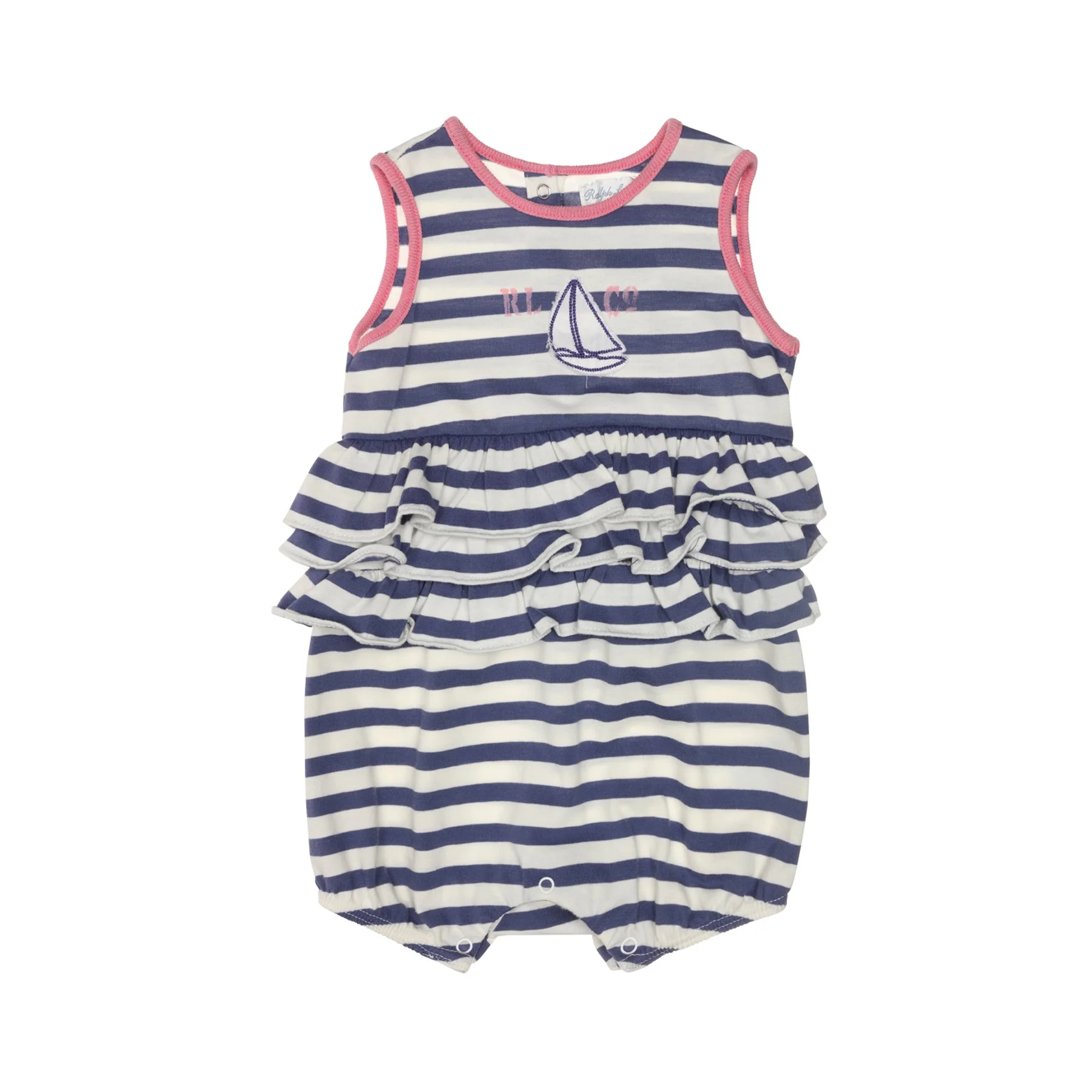 Baby romper with navy blue and white horizontal stripes, pink trim on armholes and neckline, sailboat embroidery, ruffled skirt, and snap closures at the bottom.