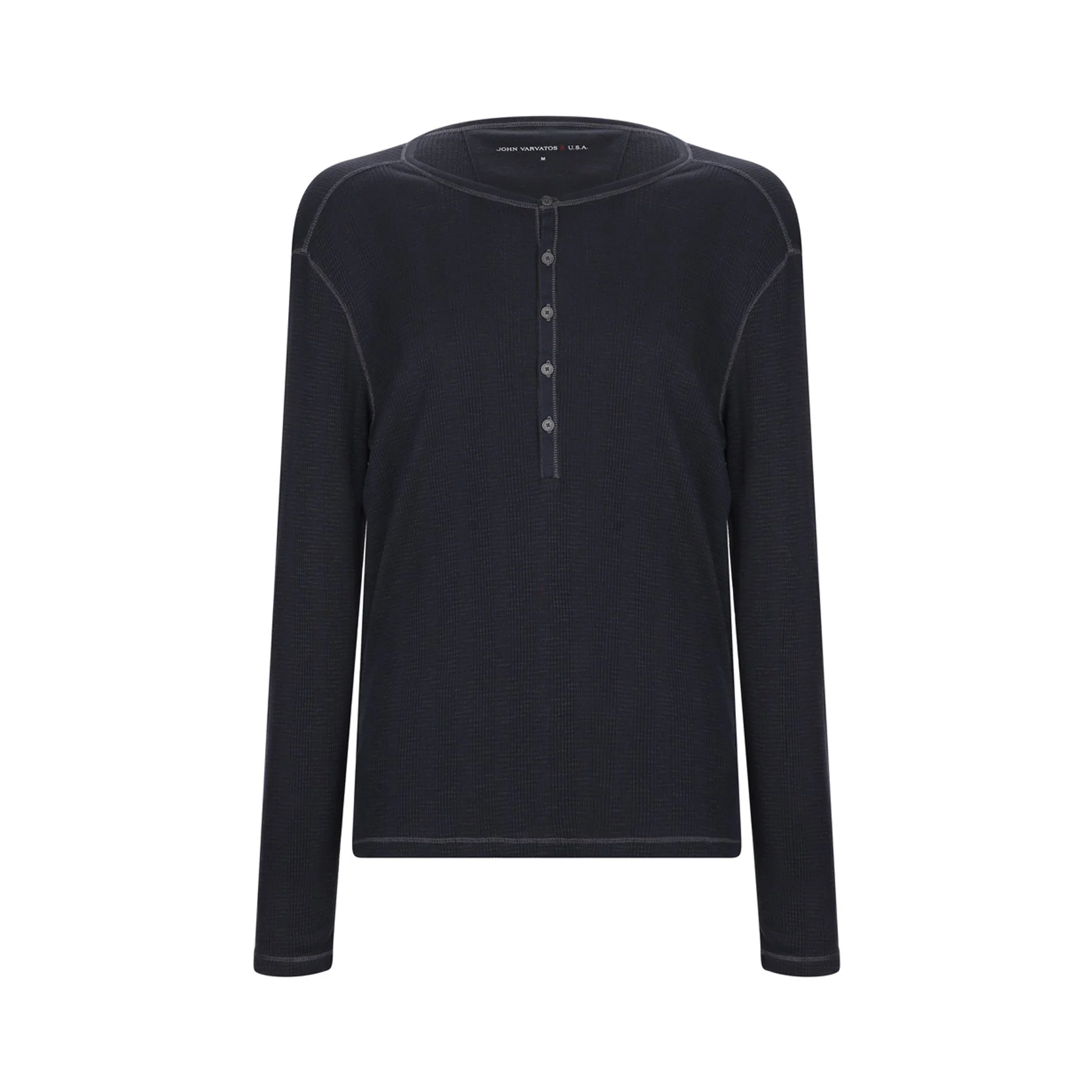 Black long-sleeve shirt with a button placket, displayed on a plain white background.