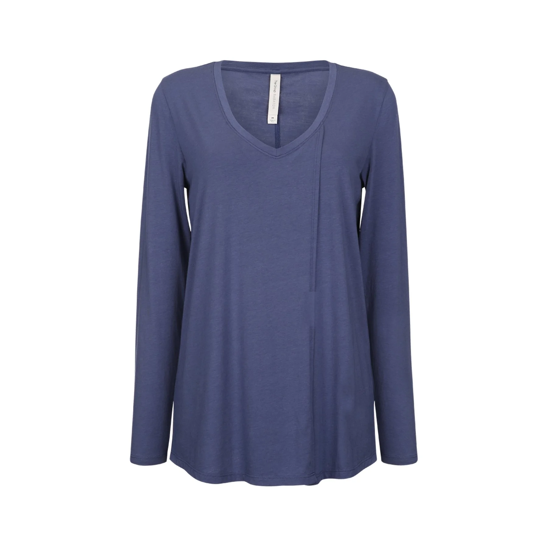 Blue long-sleeve V-neck top with front zipper, displayed on a white background.