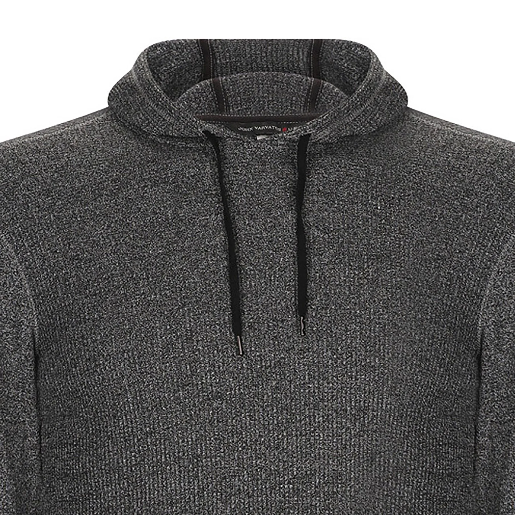 Gray speckled hoodie with black drawstrings and a high collar, viewed from the front.