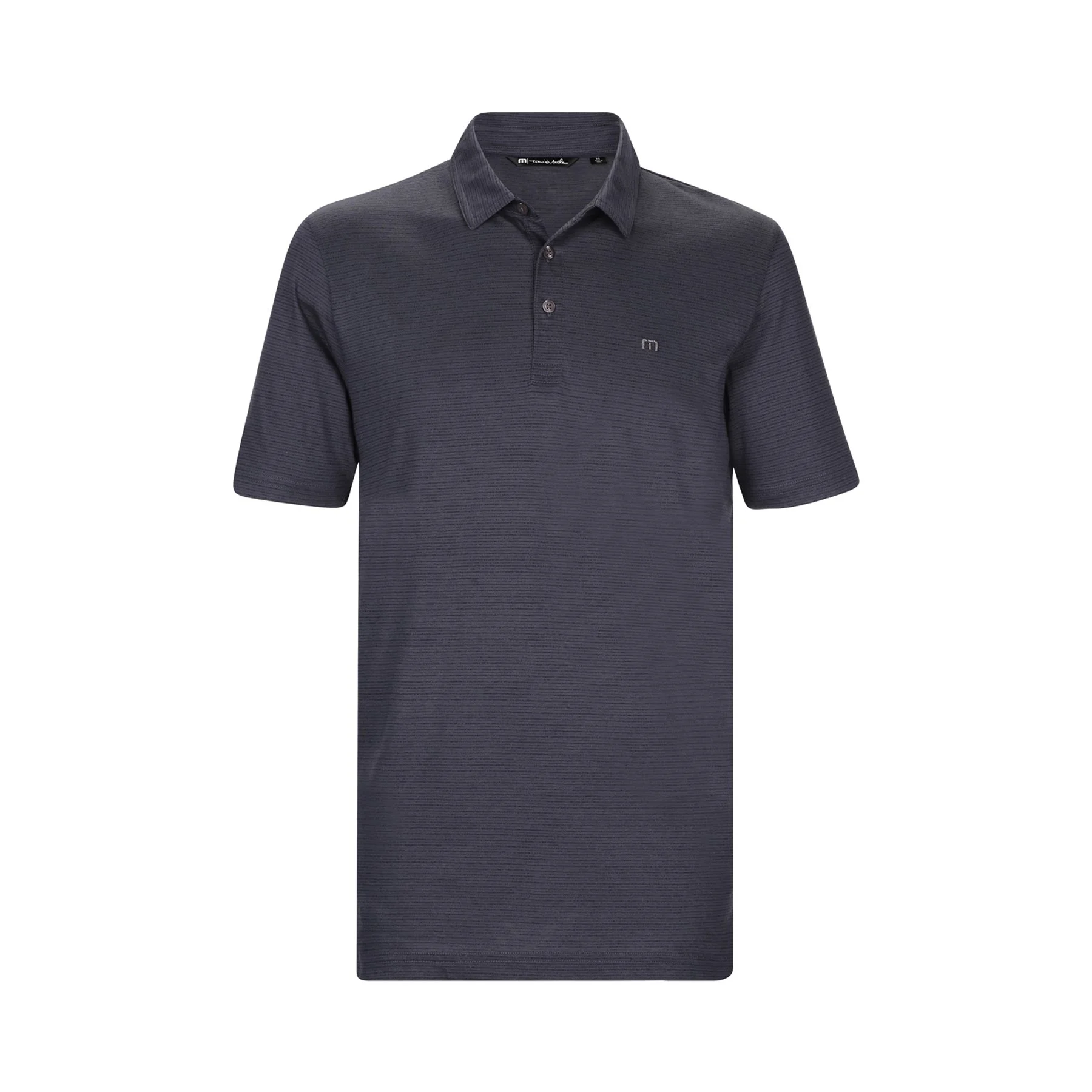 Dark gray polo shirt with subtle horizontal stripe pattern and small logo on chest