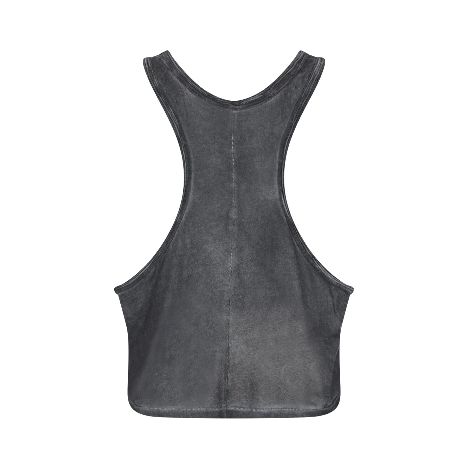 A sleeveless black suede mini dress with a fitted silhouette, V-neckline, and decorative stitching along the edges.