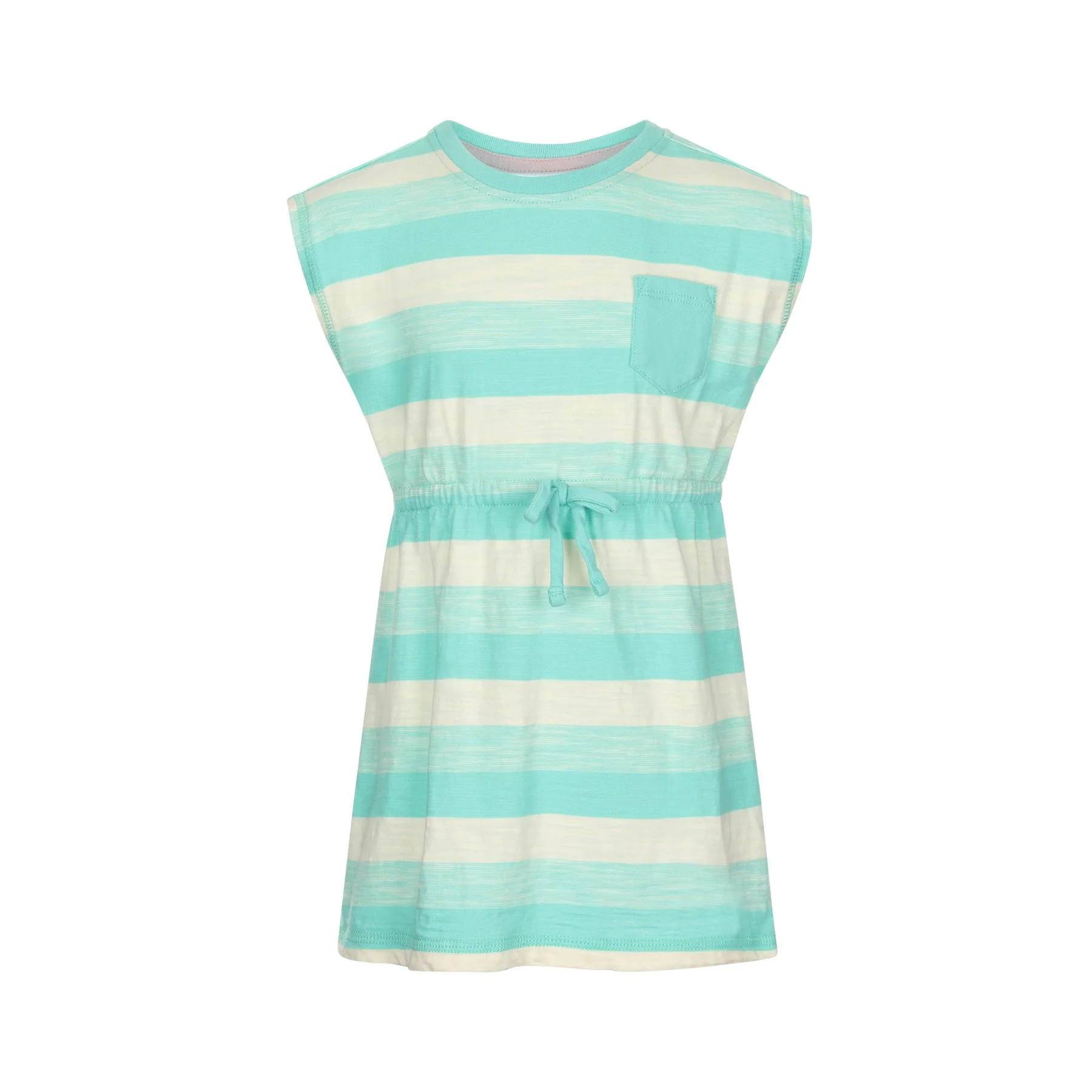 A sleeveless, knee-length dress with horizontal white and light blue stripes, a small chest pocket, and a drawstring waist.