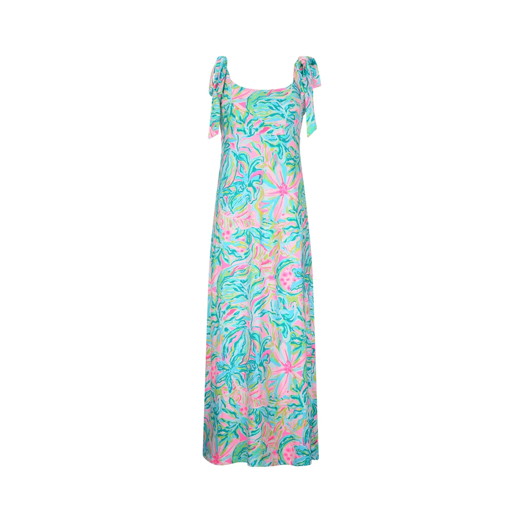 Long colorful dress with a pink, blue, green, and yellow abstract floral pattern and tied shoulder straps.