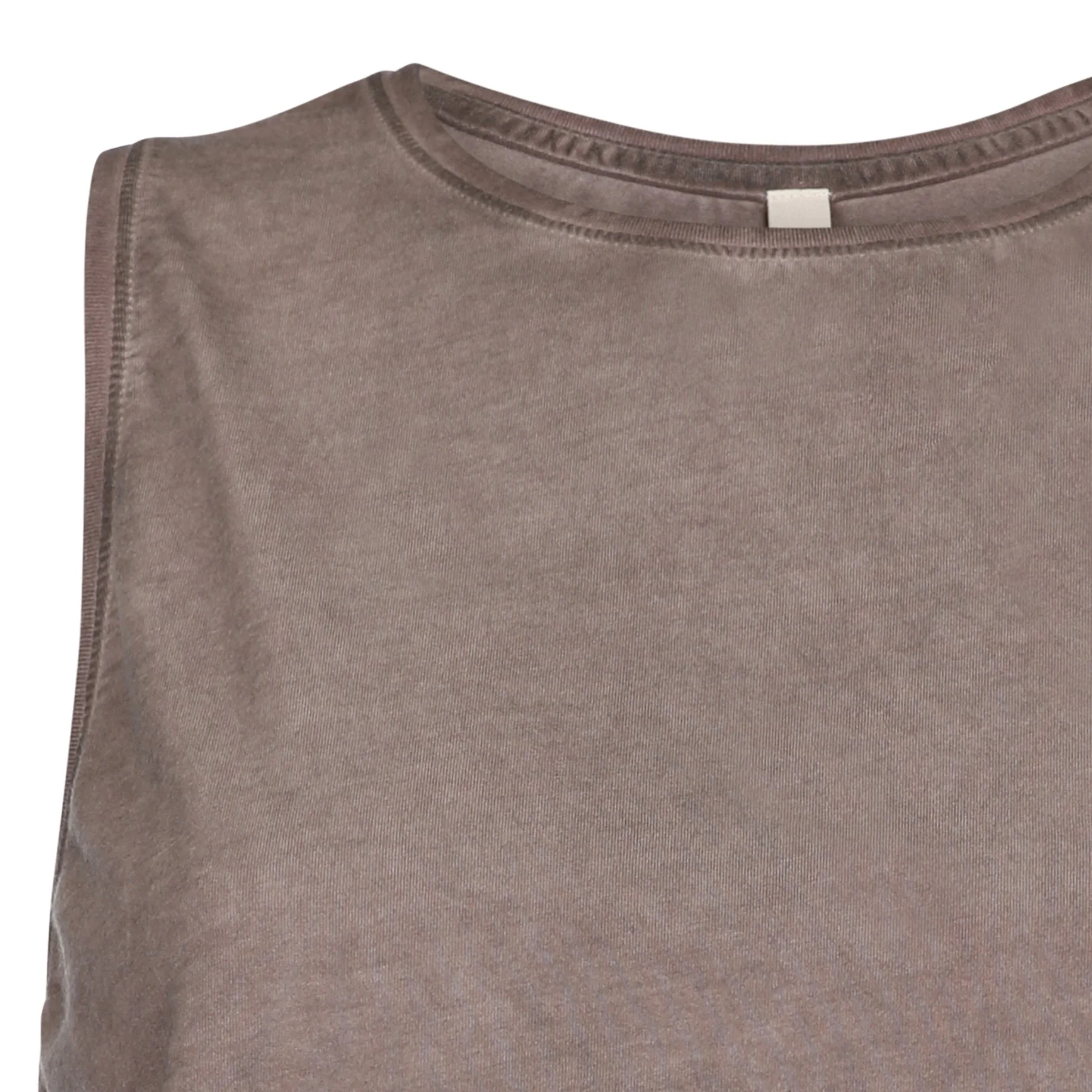 Close-up of a brown T-shirt with a round neckline and visible stitching along the shoulder seam.