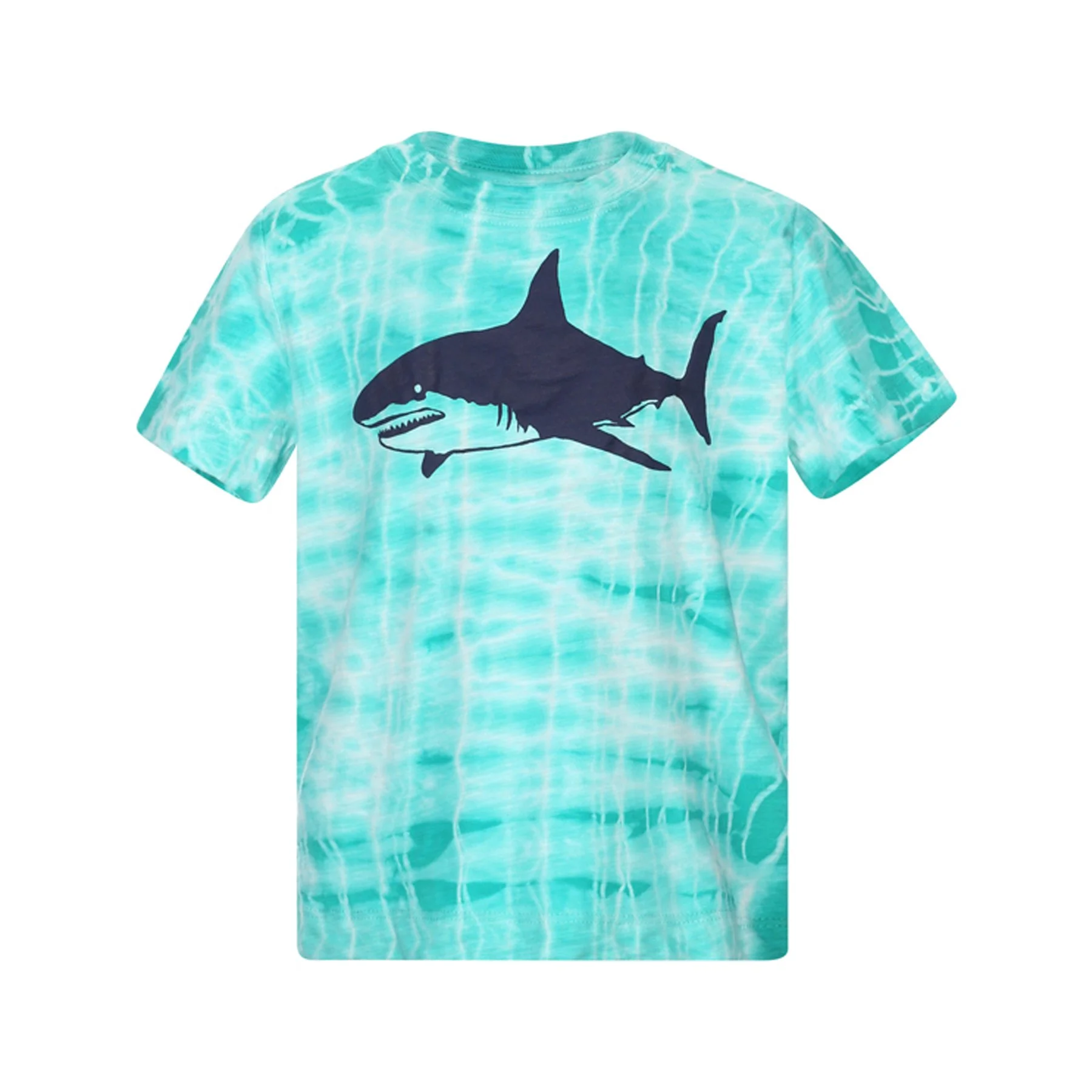 A turquoise t-shirt with a shark graphic on the front.