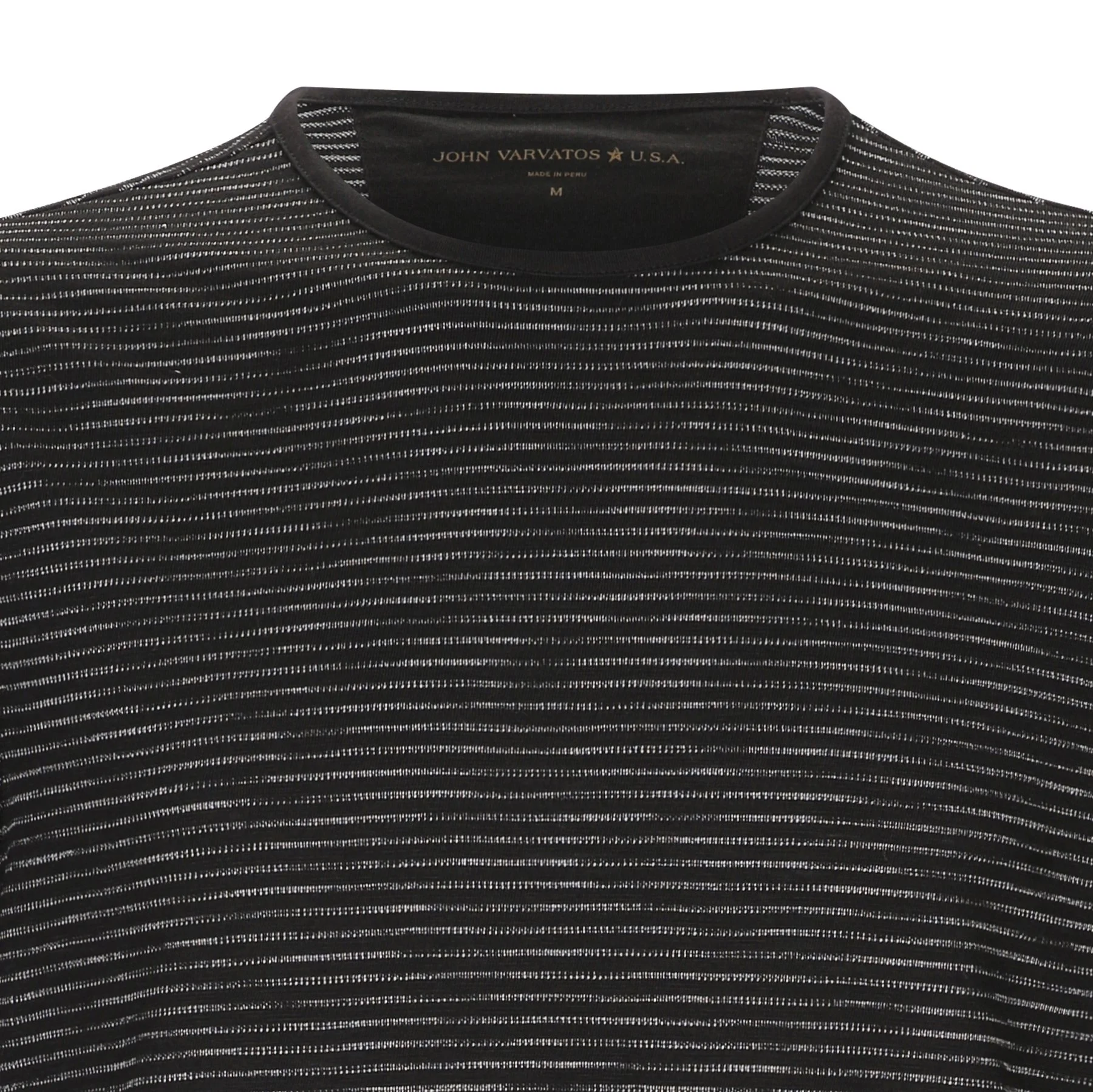 A black shirt with horizontal silver stripes, and the inner tag reading 'John Varvatos U.S.A.' made in Peru, size M.