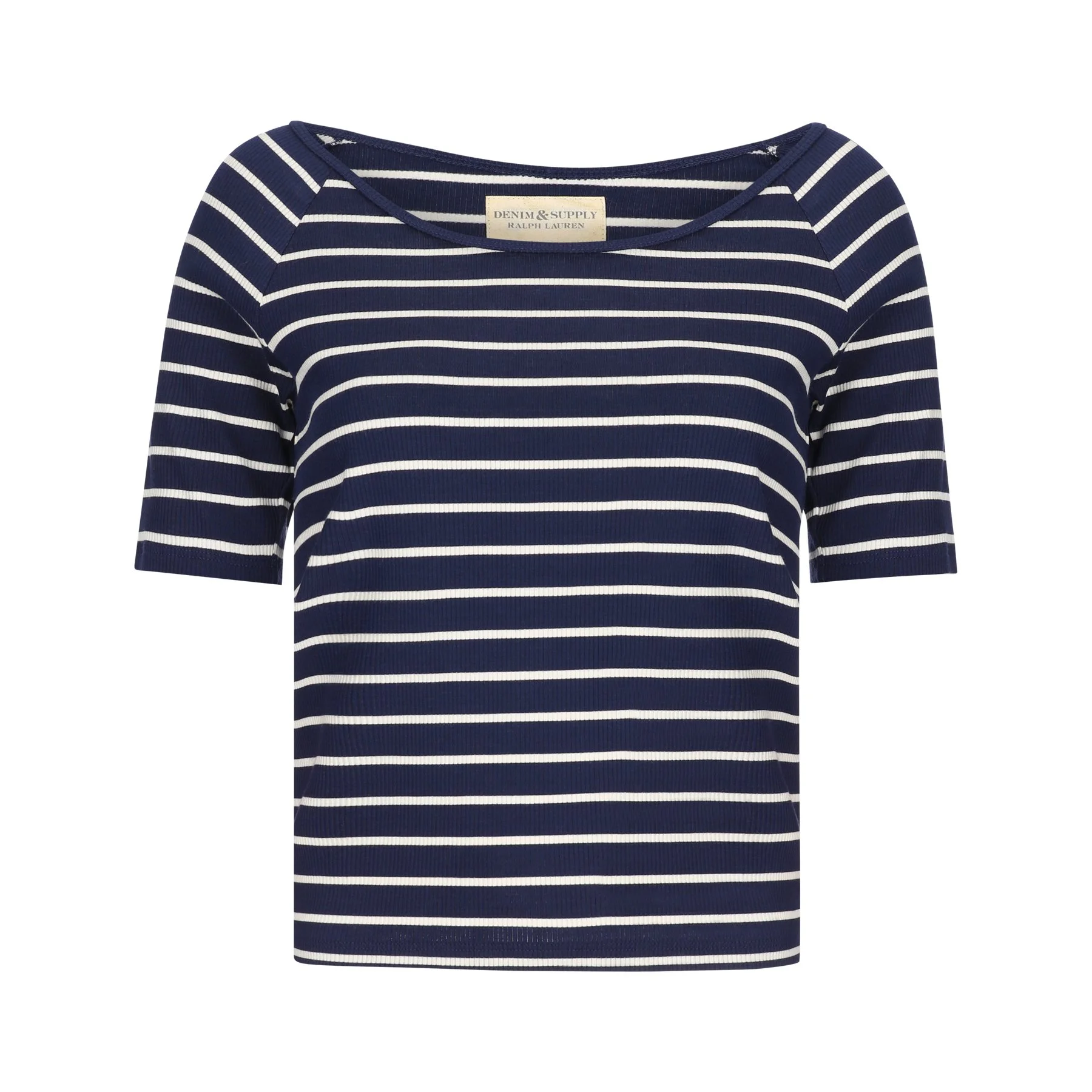 Close-up of a navy blue and white horizontally striped long-sleeve shirt with a round neckline and a label inside that reads "DENIM & SUPPLY RALPH LAUREN."