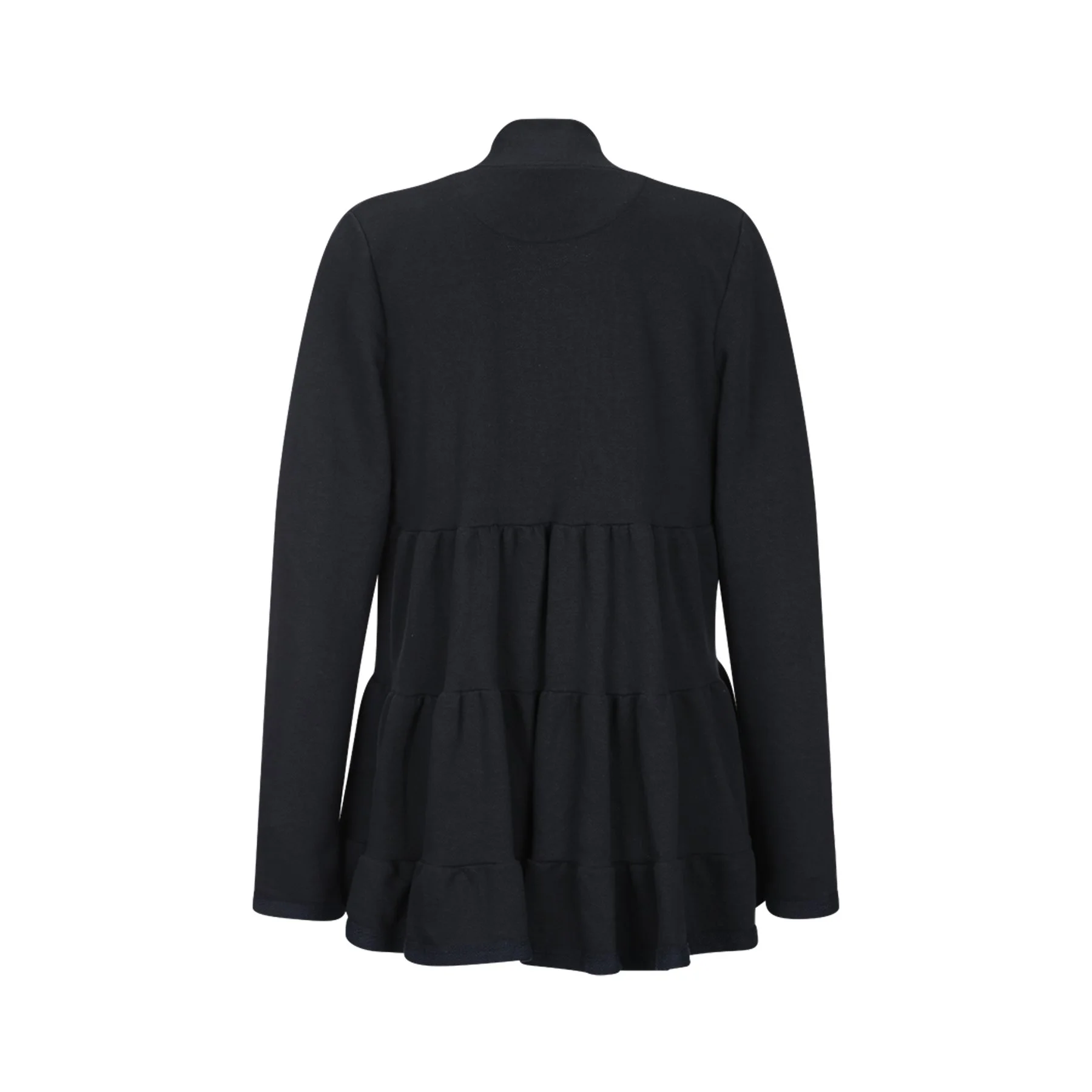 Back view of a black dress with long sleeves and ruffled tiered skirt.