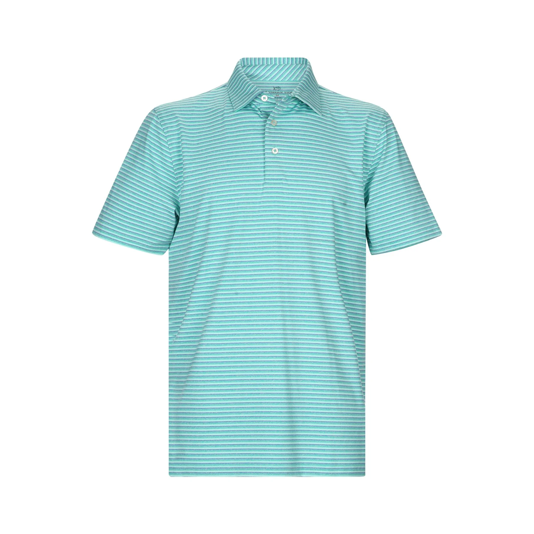 A short-sleeved button-up shirt with a teal base color and horizontal white and teal stripes.