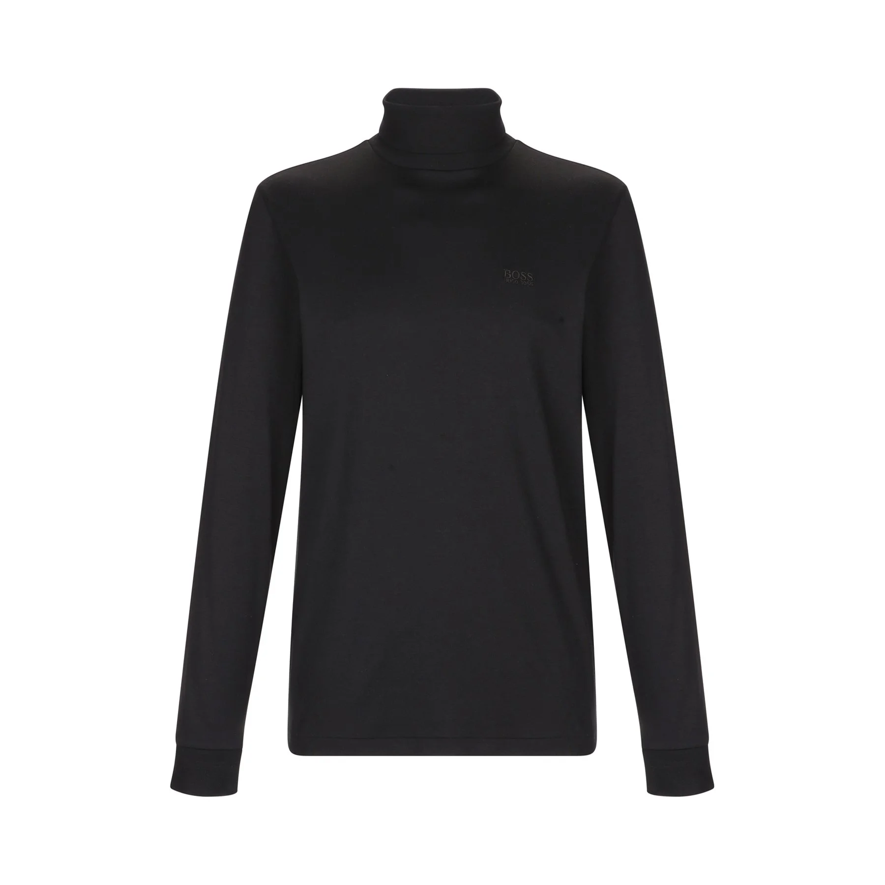 Black turtleneck sweater with 'BOSS' logo on chest