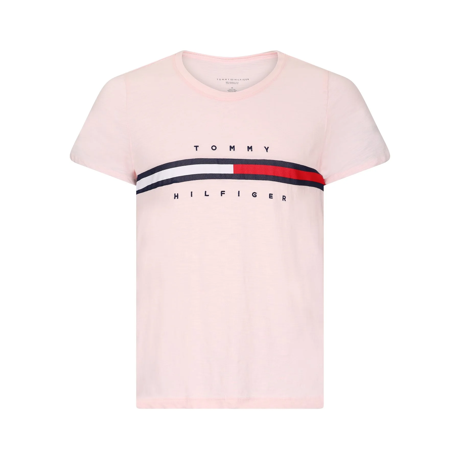 A light pink T-shirt with the brand name 'Tommy Hilfiger' printed across the chest in navy letters, with a horizontal navy, white, and red stripe design underneath.