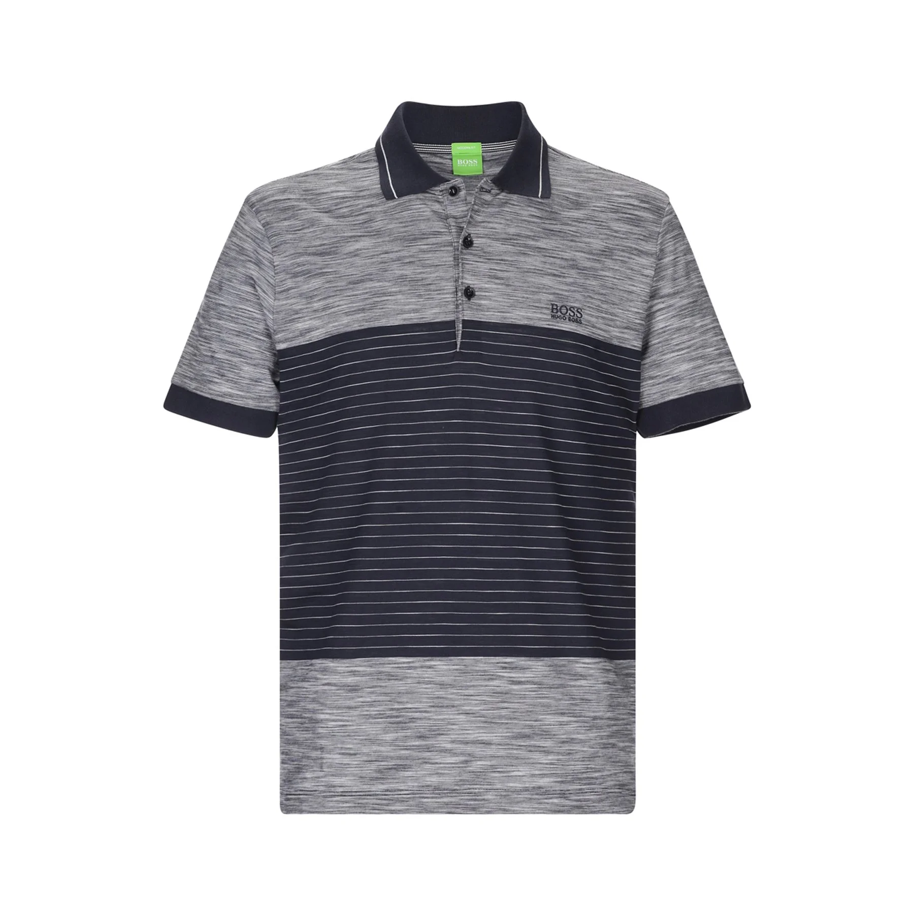 Gray and navy striped short-sleeve polo shirt with a contrasting dark collar and a logo embroidery on the left chest.
