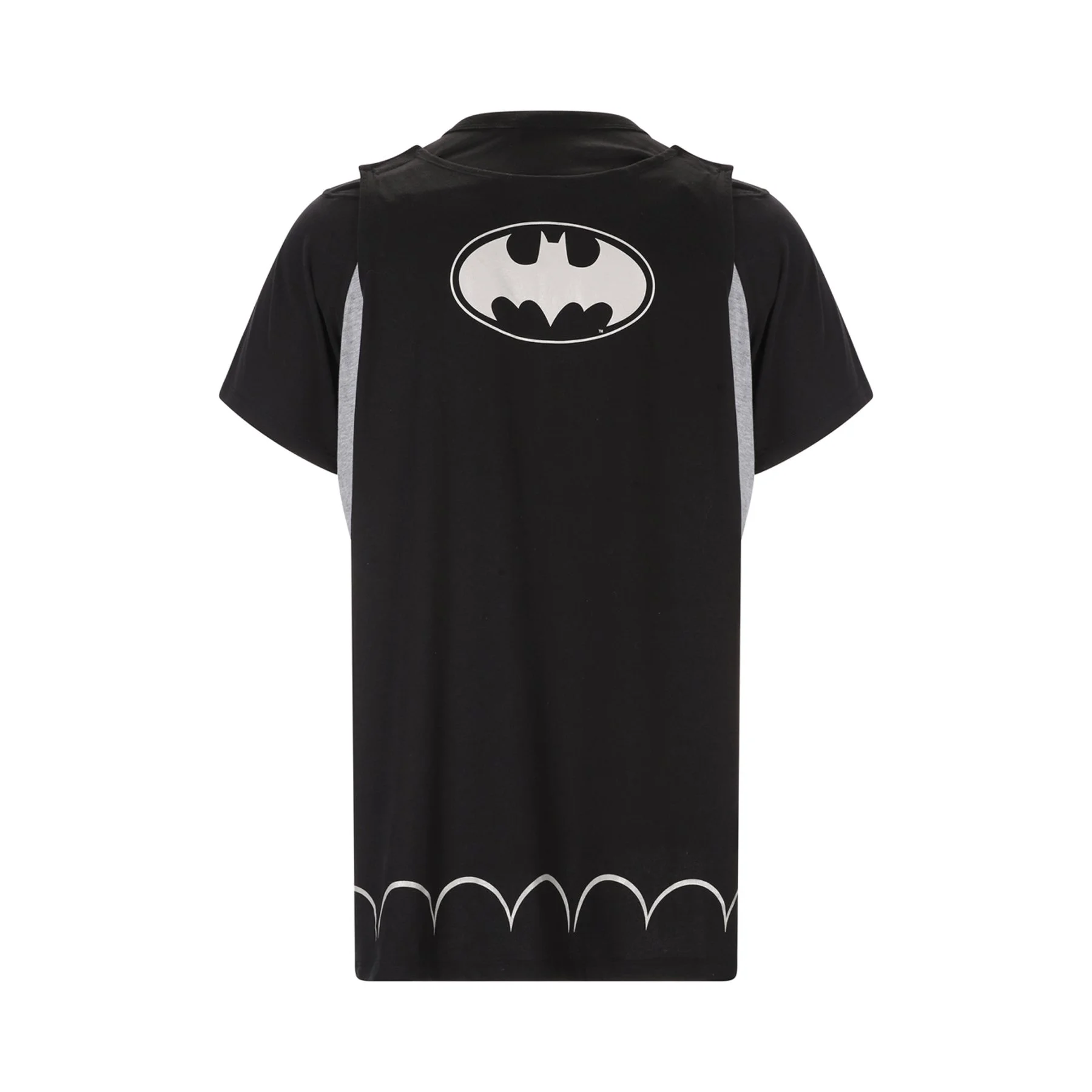 Black T-shirt with Batman logo on the front and a Batgirl-inspired pattern on the bottom hem.