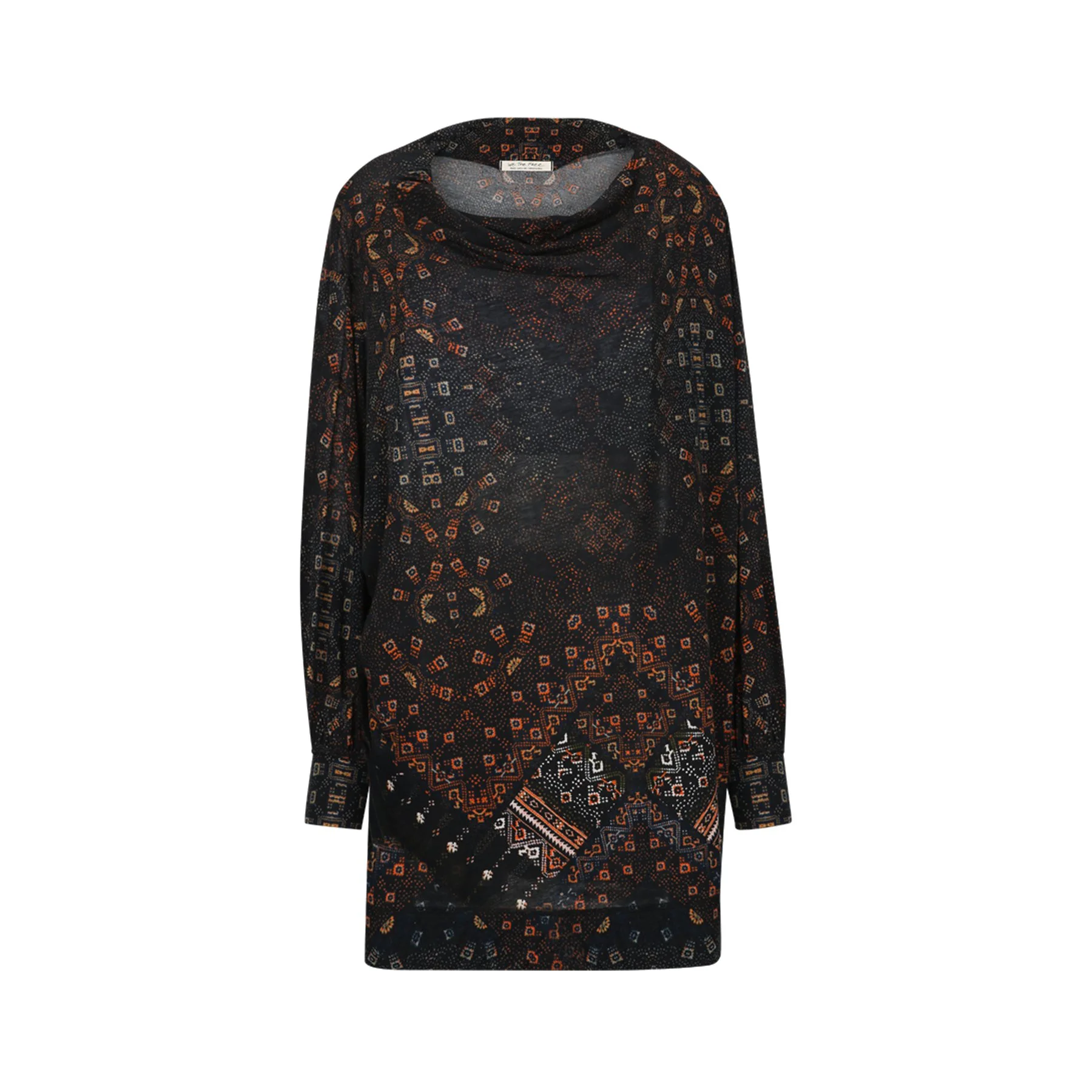 Black dress with a colorful, intricate geometric pattern in orange, beige, and white, featuring a draped neckline and long sleeves.