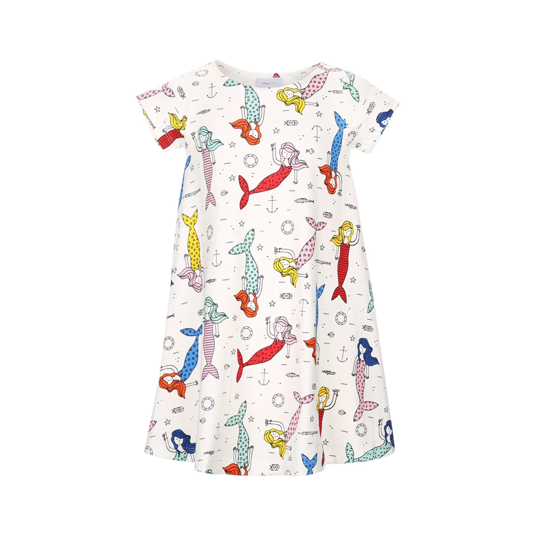 White dress with a colorful pattern of mermaids with different hair colors and styles, along with nautical items like anchors, fish, lifebuoys, and seashells.