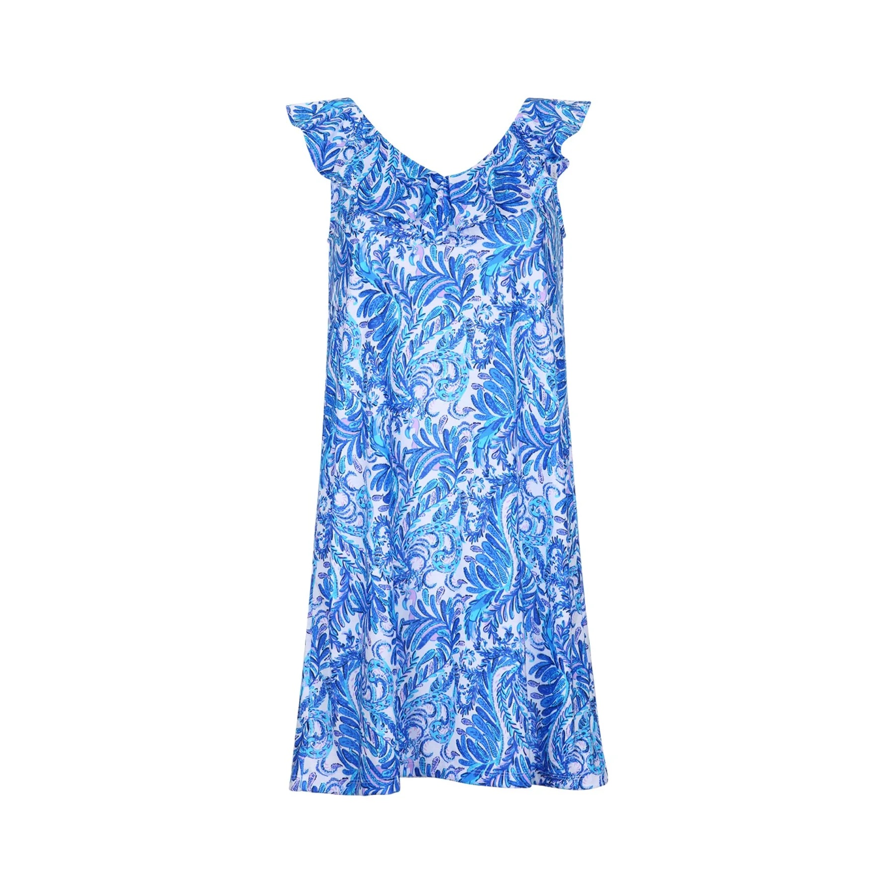 Blue and white floral patterned dress with ruffled sleeves on a white background.