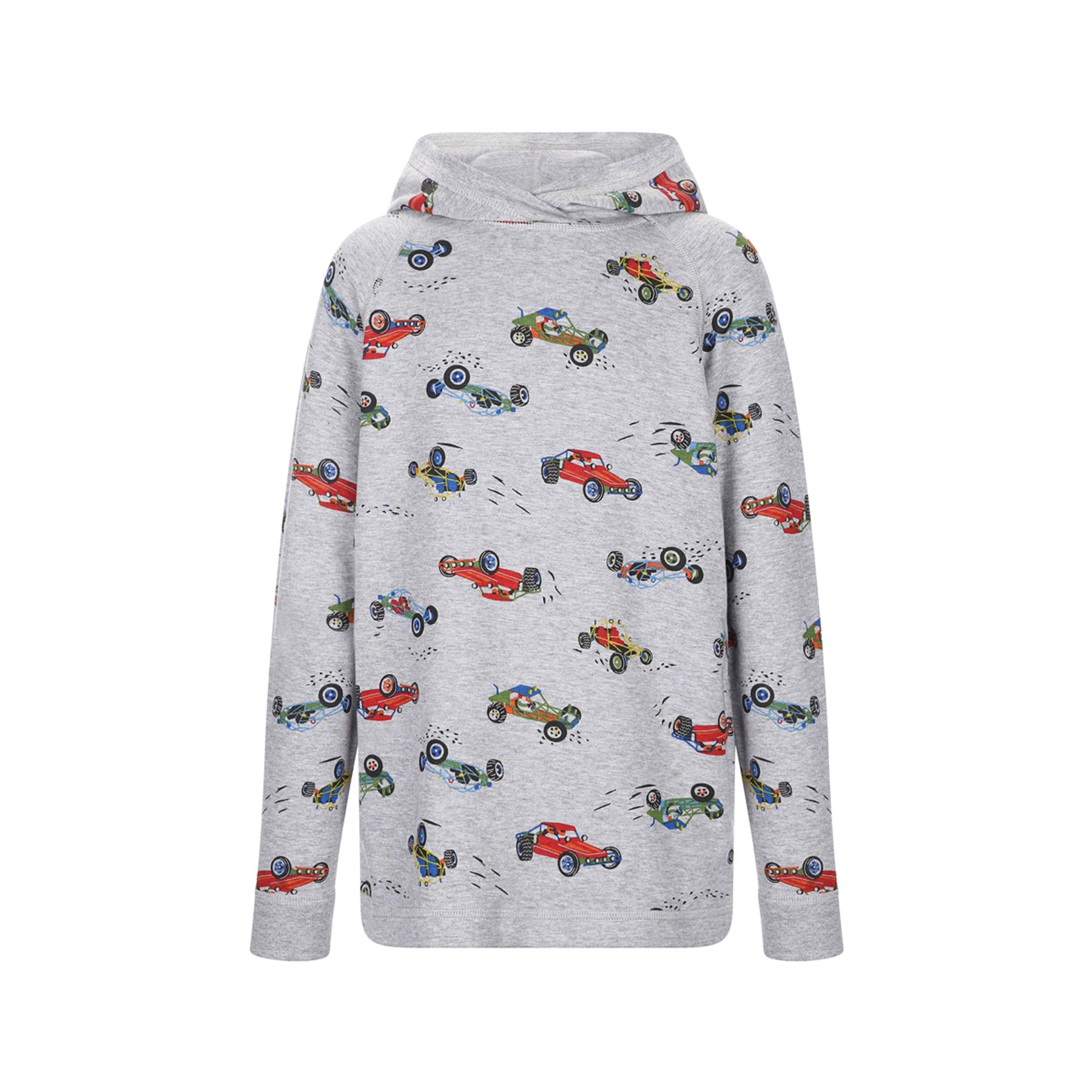 Gray hoodie with a pattern of colorful race cars and tire skid marks.