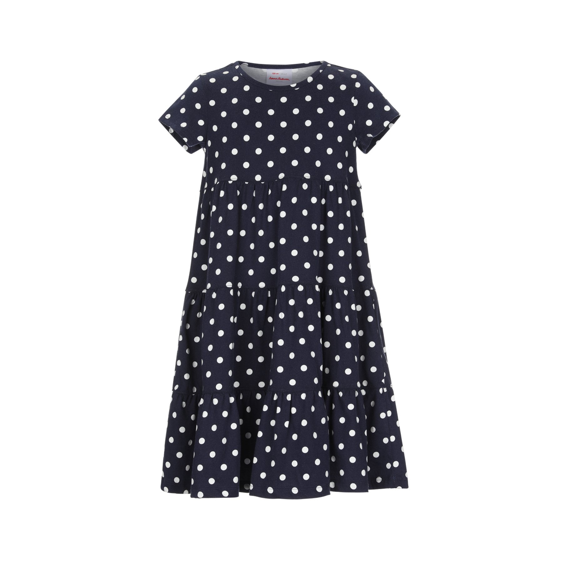 Navy blue dress with white polka dots, short sleeves, and a gathered tiered skirt.