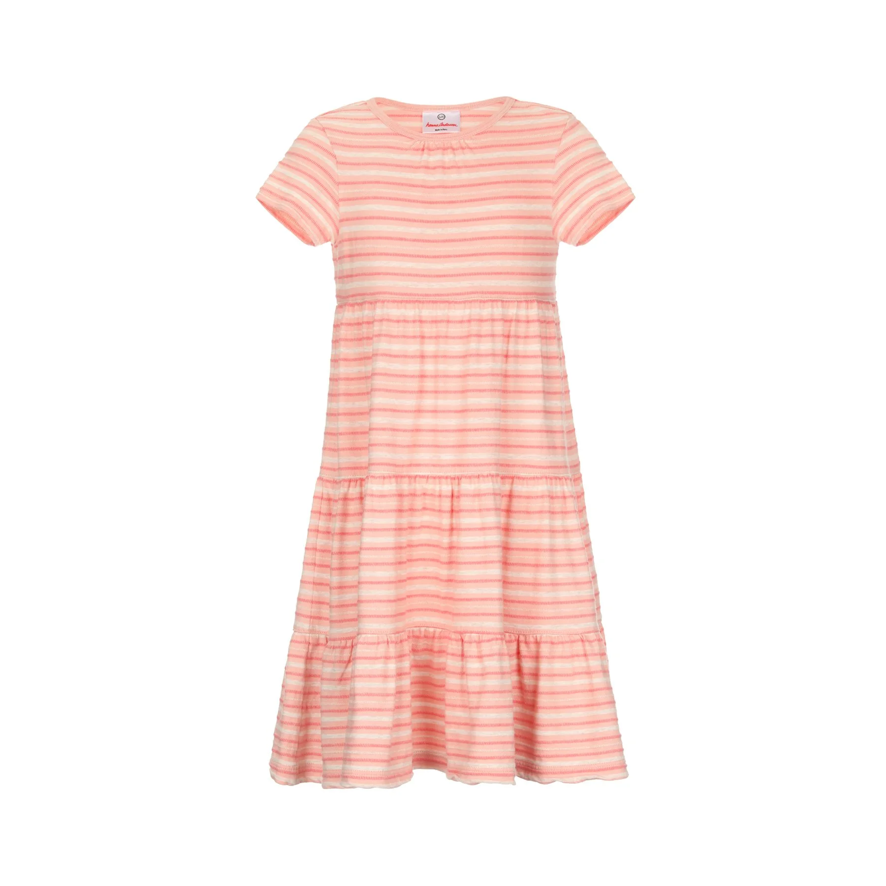 Pink and white striped dress with short sleeves and gathered waist, hanging on a white background.