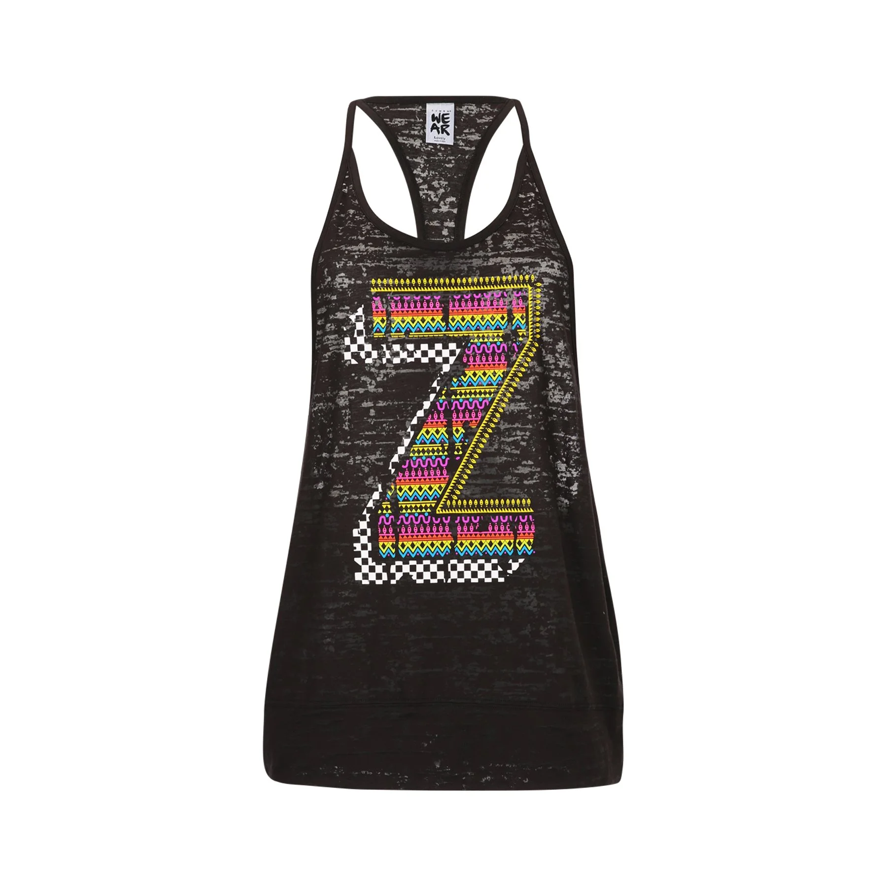 Black sleeveless dress with a colorful pixelated number 7 design on the front.