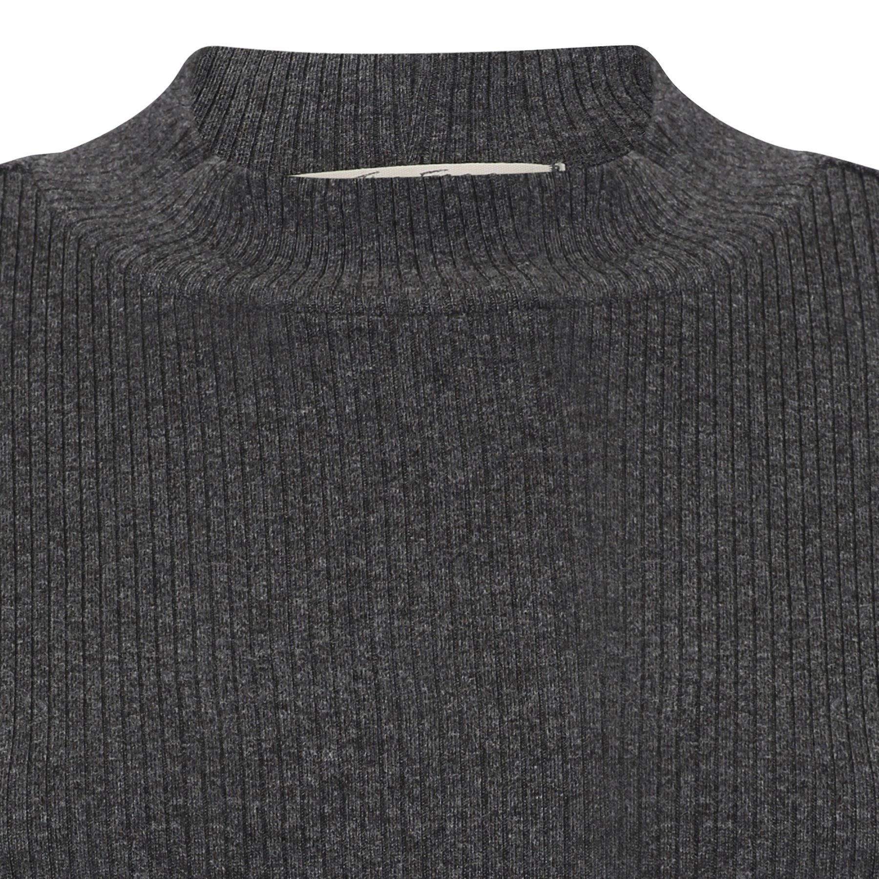 Close-up of a dark gray, ribbed turtleneck sweater with a small tear near the collar.