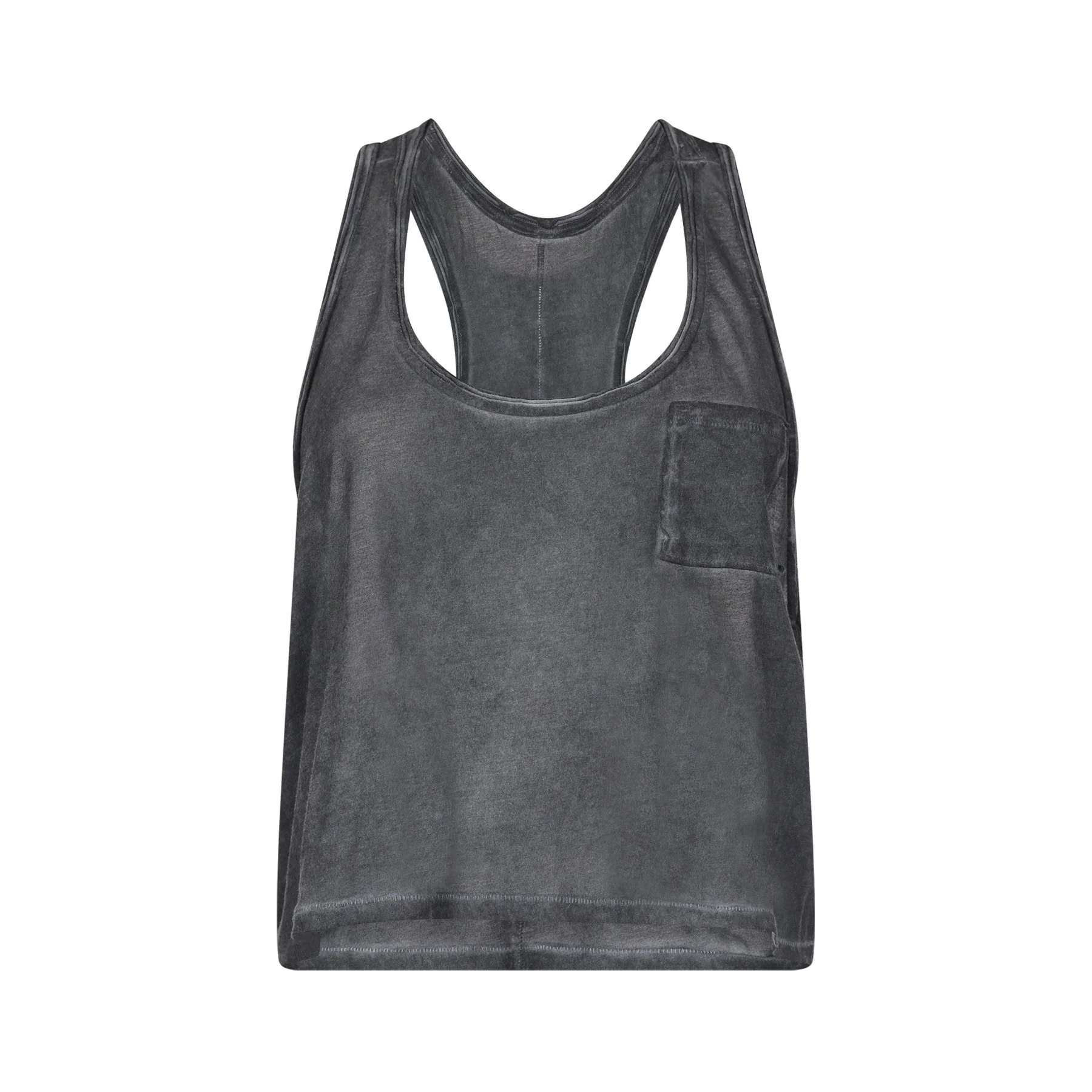 A black tank top with a pocket on the front, displayed on a white background.