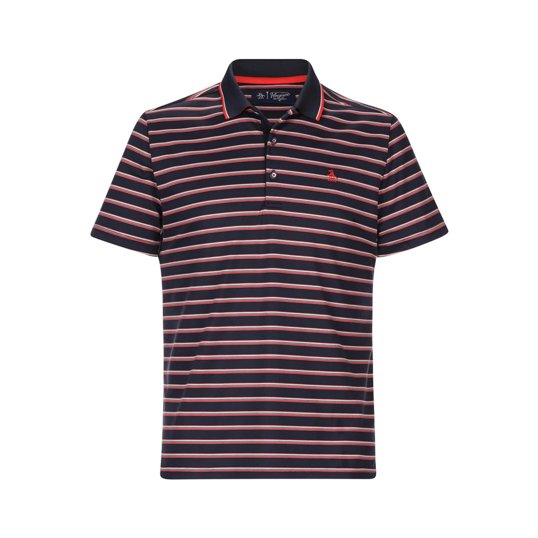 Navy blue polo shirt with red, white, and blue horizontal stripes and a small red embroidered logo on the chest.