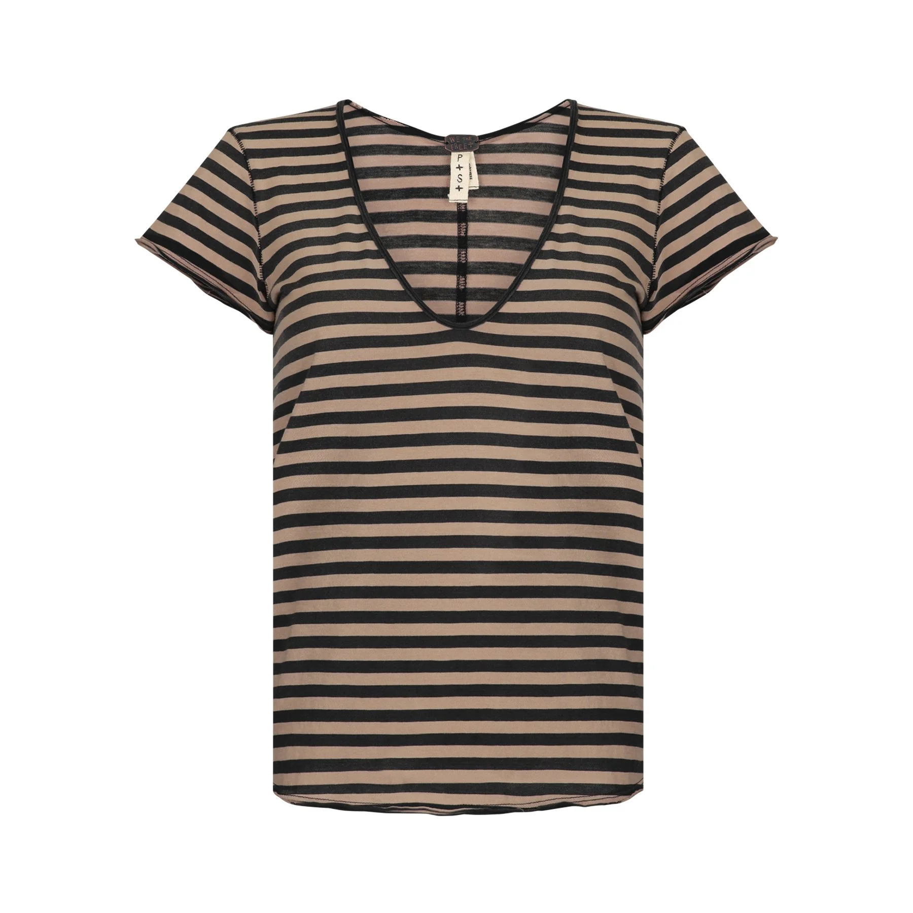 Close-up of a beige and black striped short-sleeve t-shirt with a v-neck and a tag that reads 'P + S' and 'WE THE PARENTS' at the neckline.