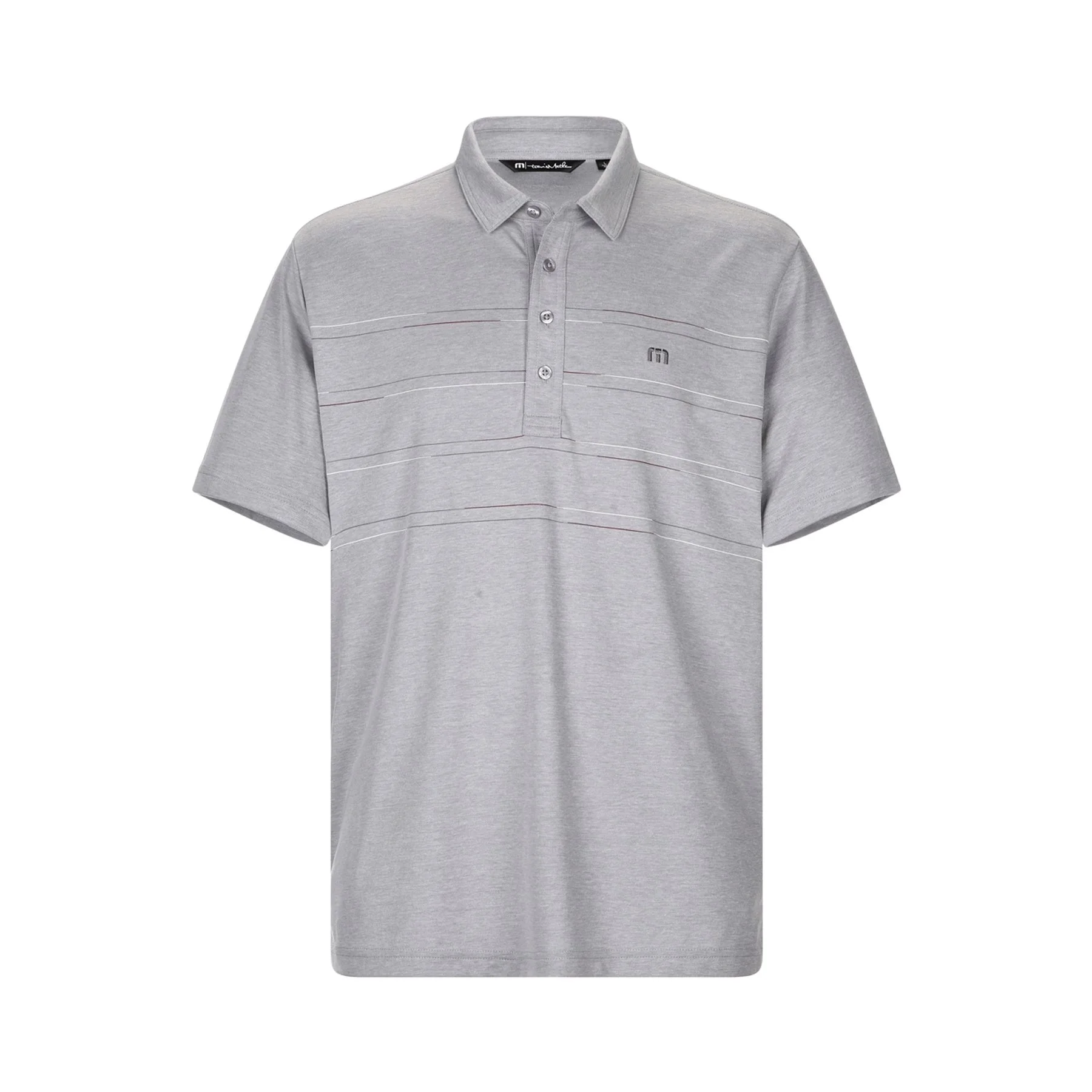 Light gray short-sleeved polo shirt with a collar and button placket, featuring small embroidered logo on the left chest and subtle horizontal stripe pattern.