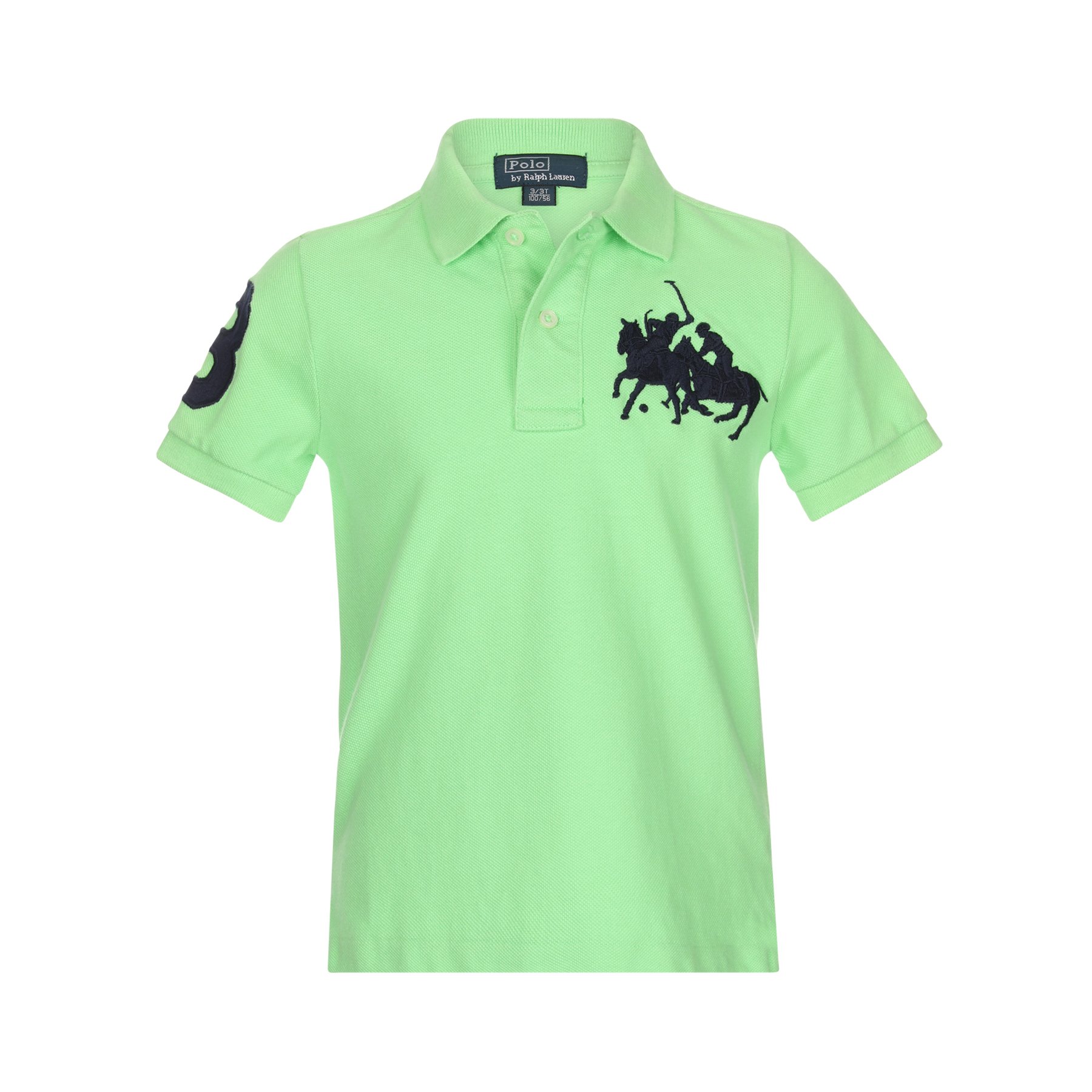 Light green polo shirt with black embroidered crest on the chest and a patch on the sleeve, featuring collar, button placket, and label reading 'Polo by Ralph Lauren'.