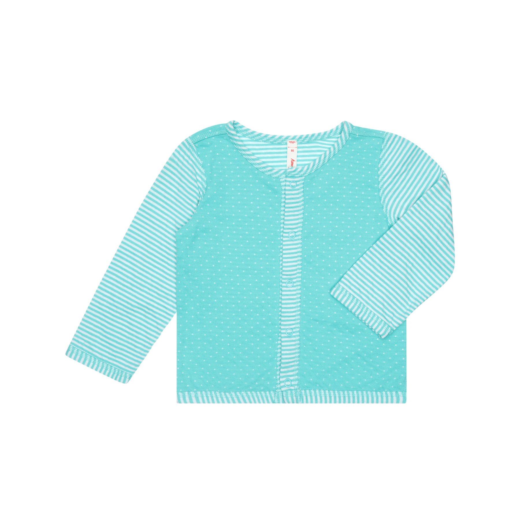 A turquoise baby onesie with white polka dots and striped sleeves, buttoned down the front, lying flat against a white background.