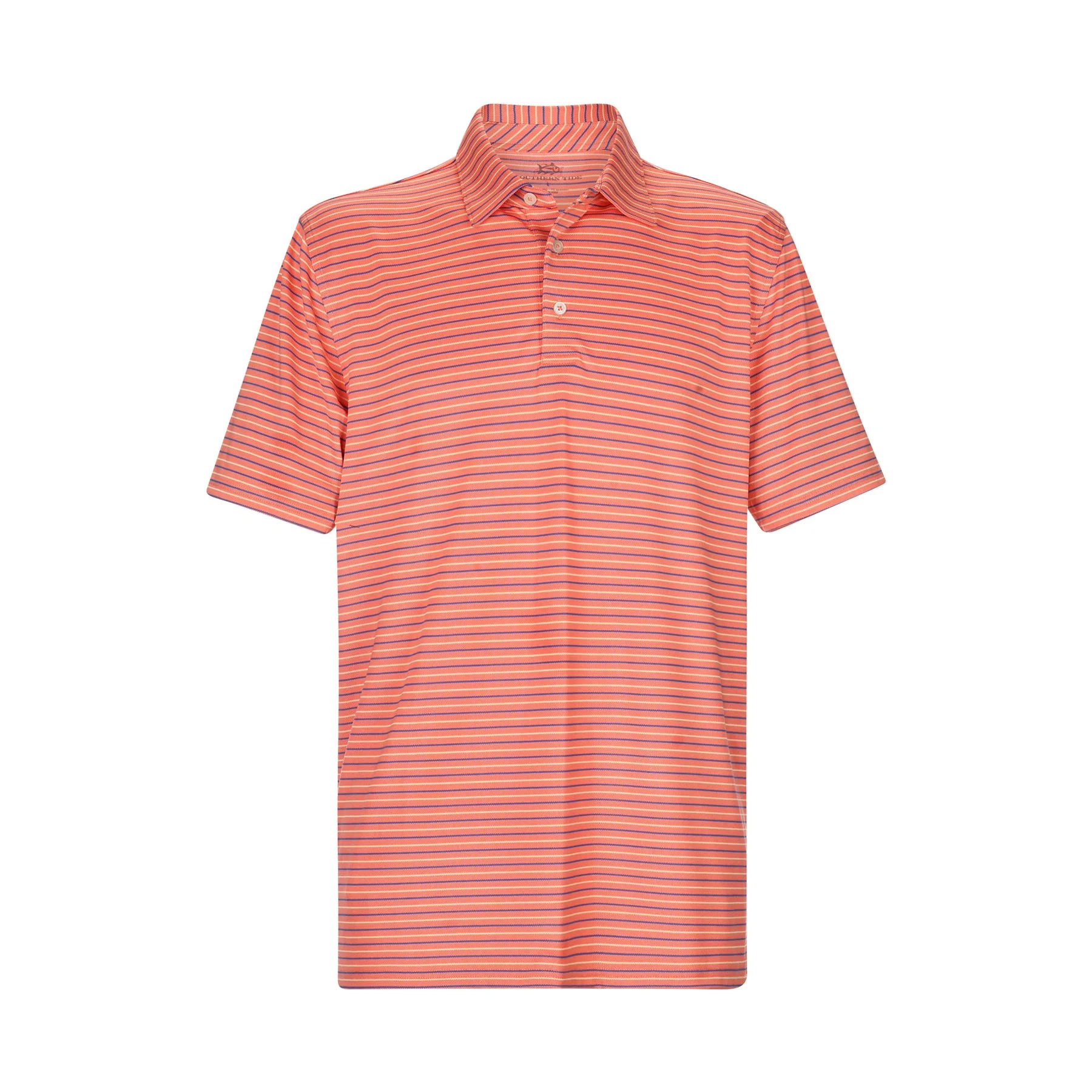 A salmon-colored polo shirt with thin, multicolored horizontal stripes, short sleeves, and a classic collar.