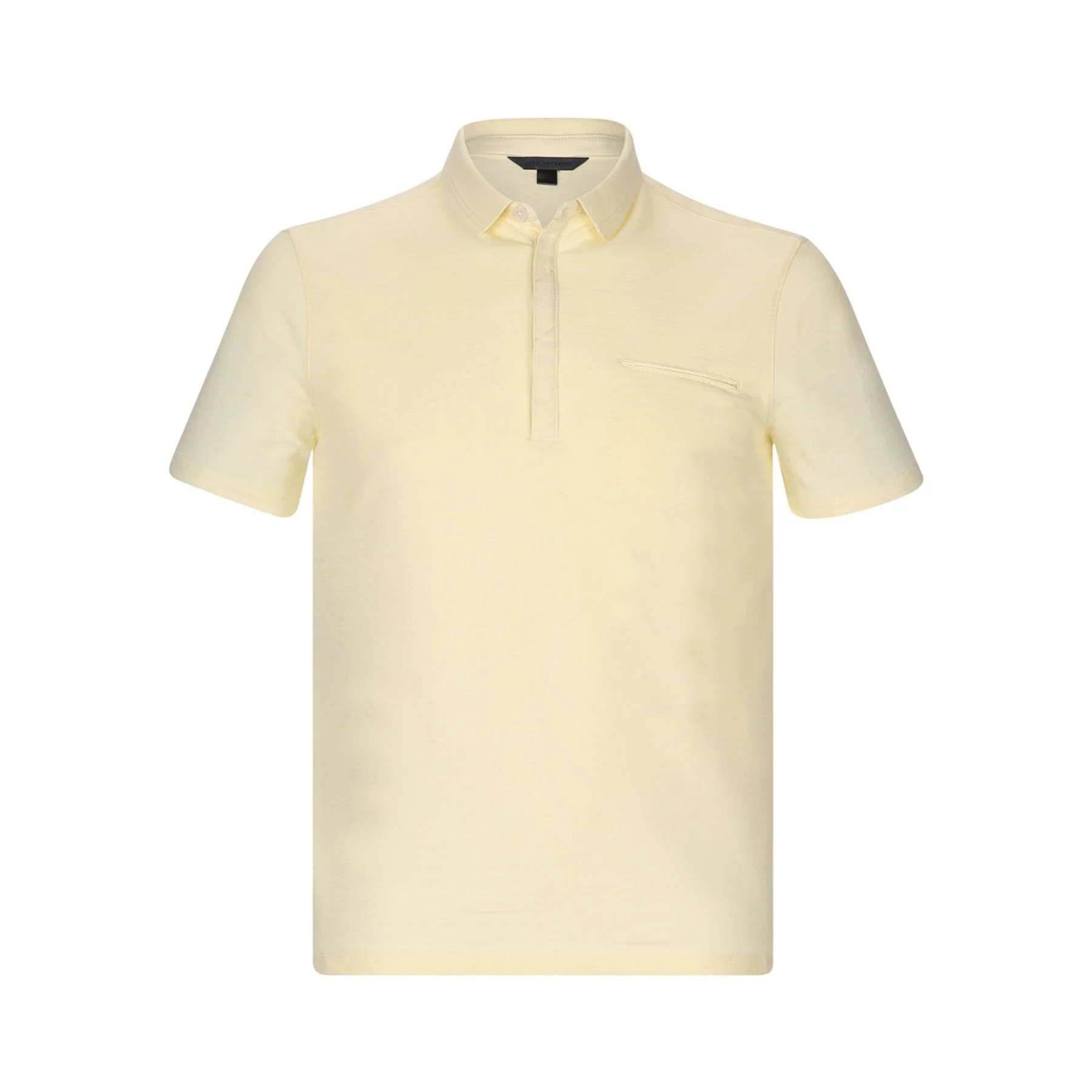 A pale yellow short-sleeve polo shirt with a collar and a small chest pocket, displayed on a plain white background.