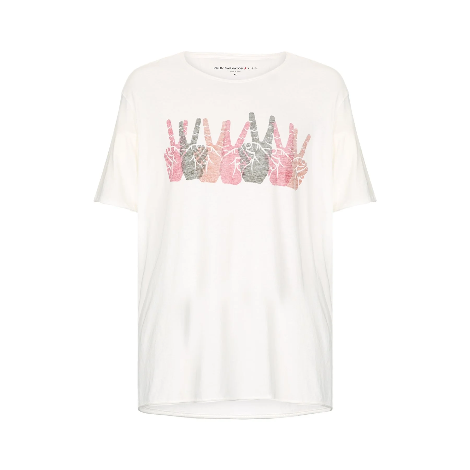 White T-shirt with a graphic of multiple colorful hands making peace signs.