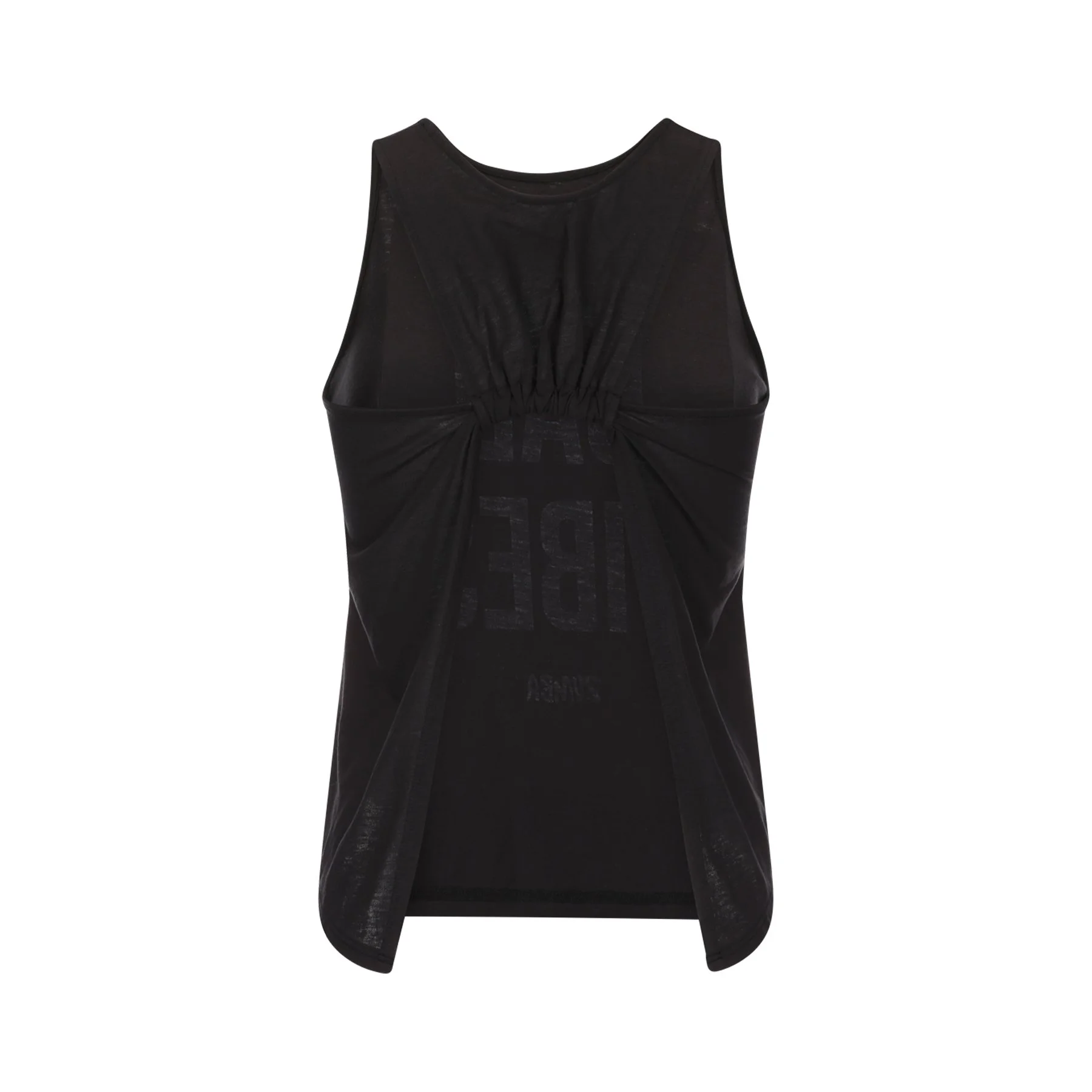 Black sleeveless athletic top with ruched waist and faint text design