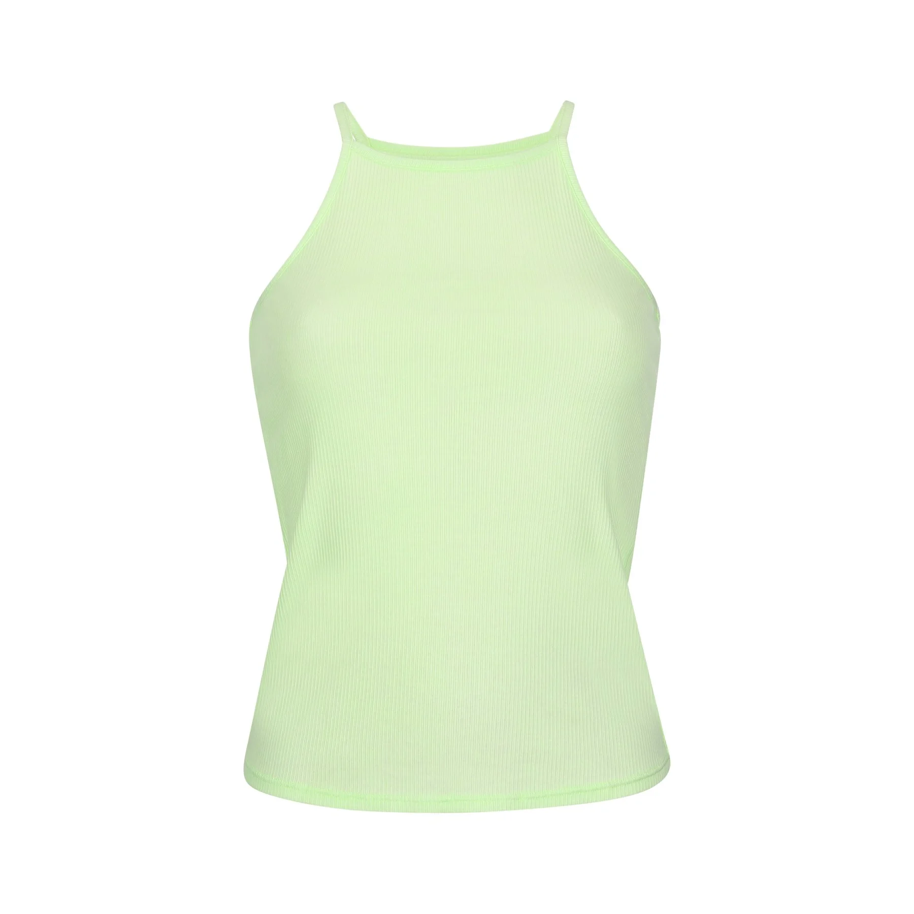 Close-up of a light green, sleeveless, ribbed tank top with thin straps.
