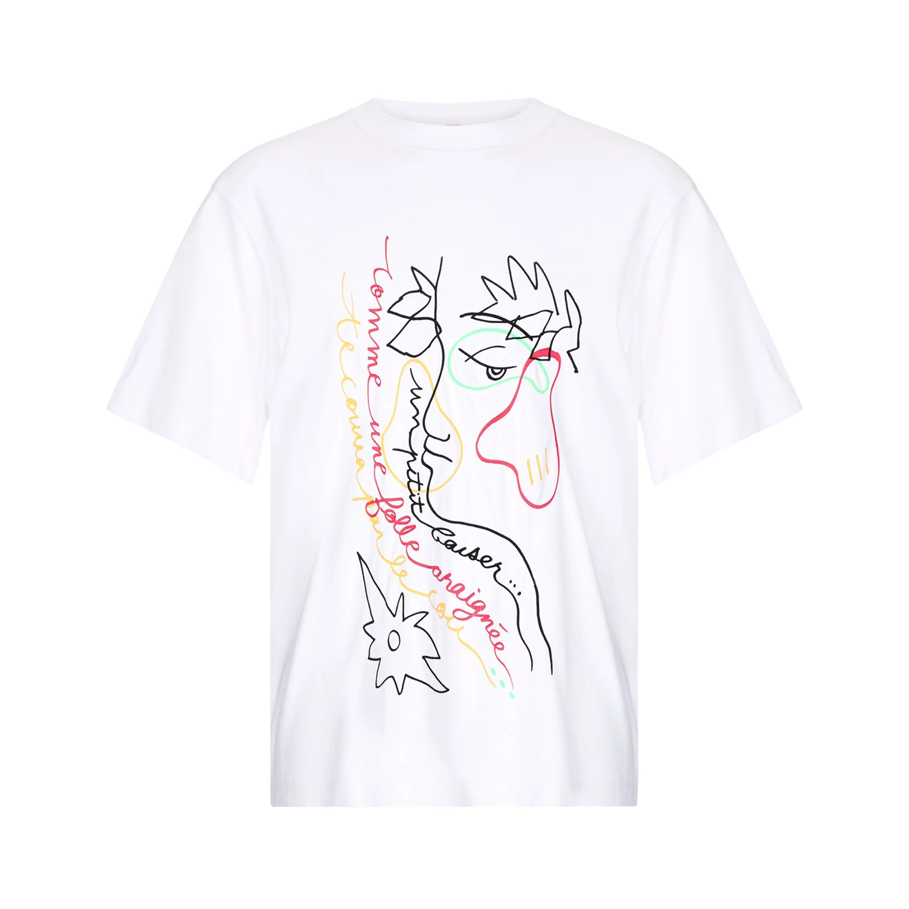 White T-shirt with colorful abstract line drawing of a face, a flower, and handwritten-style text in various colors.