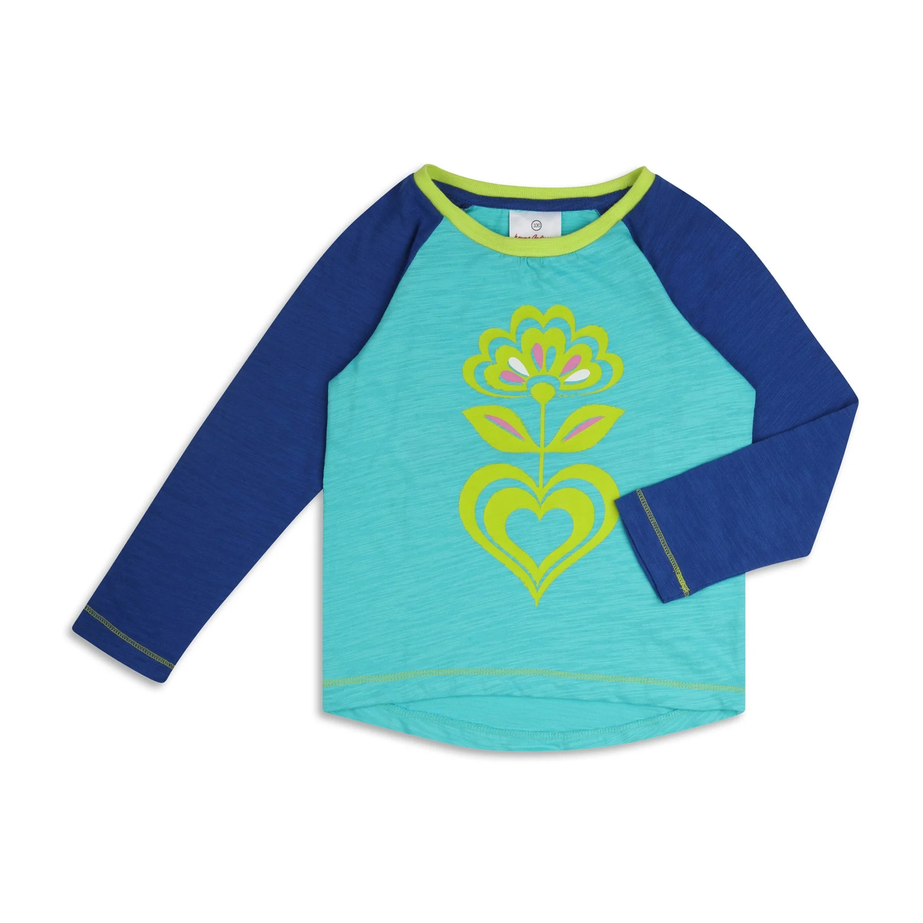 A long-sleeve shirt with blue sleeves and a light blue body, featuring a colorful flower design on the front.