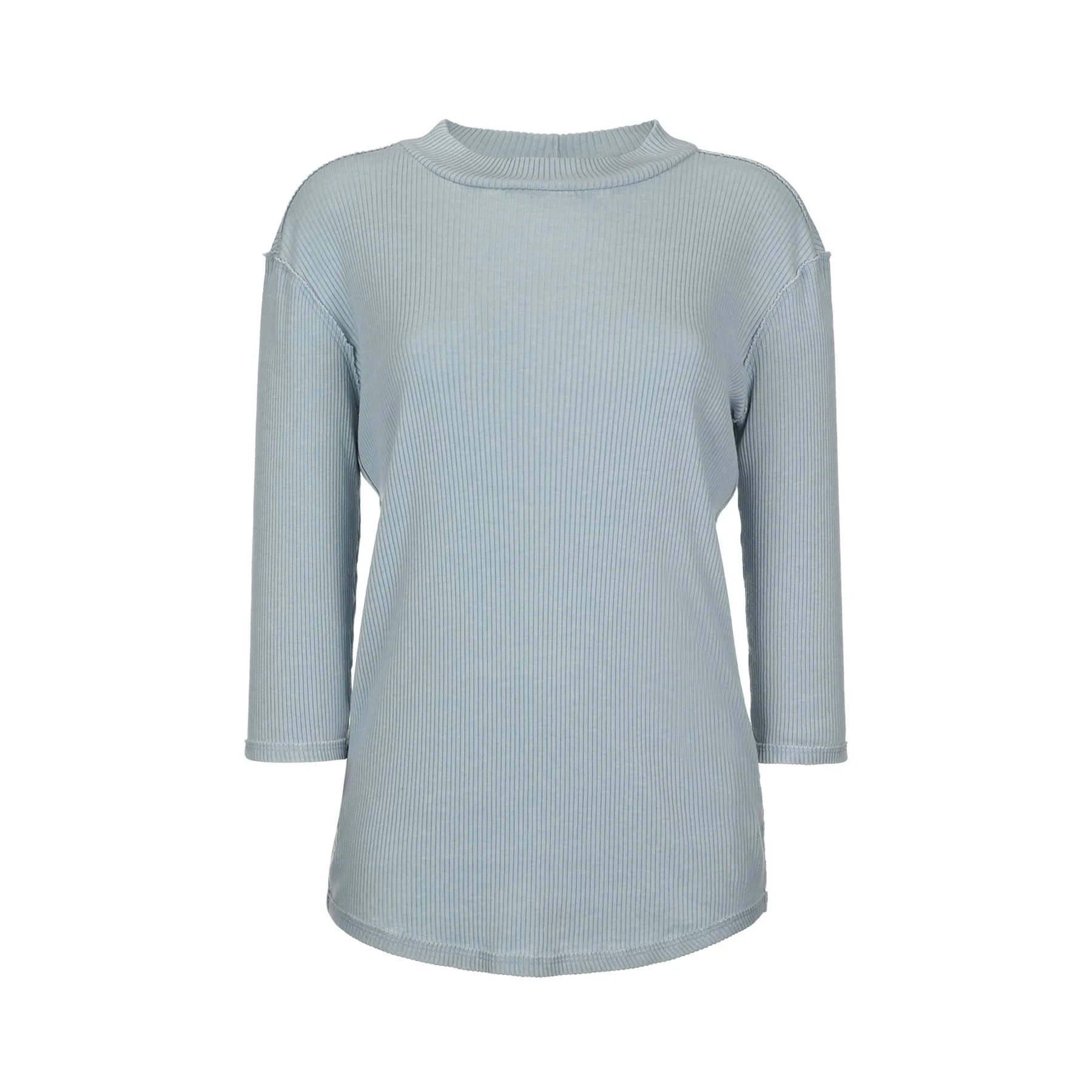 Light blue ribbed long sleeve shirt with crew neckline, slim fit, and visible stitching details.