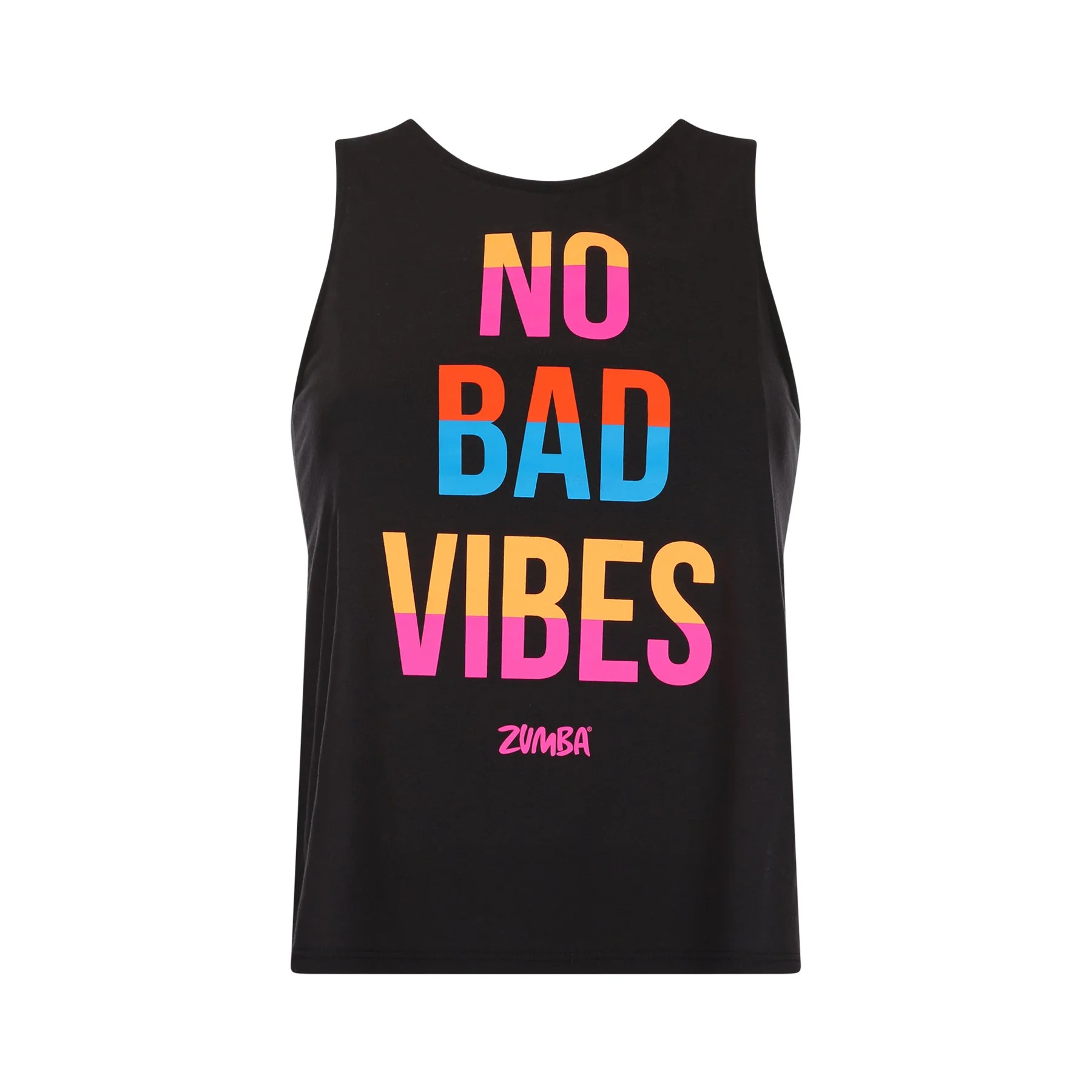Black sleeveless top with colorful text that reads "NO BAD VIBES" and the Zumba logo at the bottom.