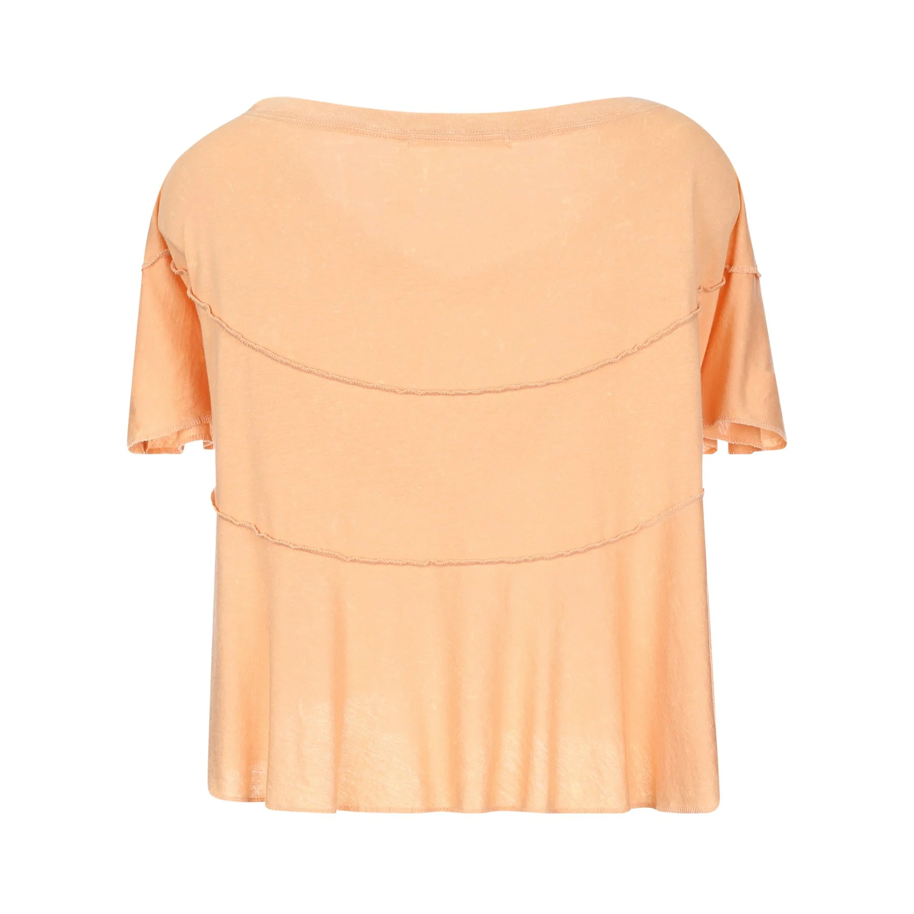 Light peach-colored blouse with a boat neckline and ruffled short sleeves, featuring horizontal seam details and a flowy fabric.