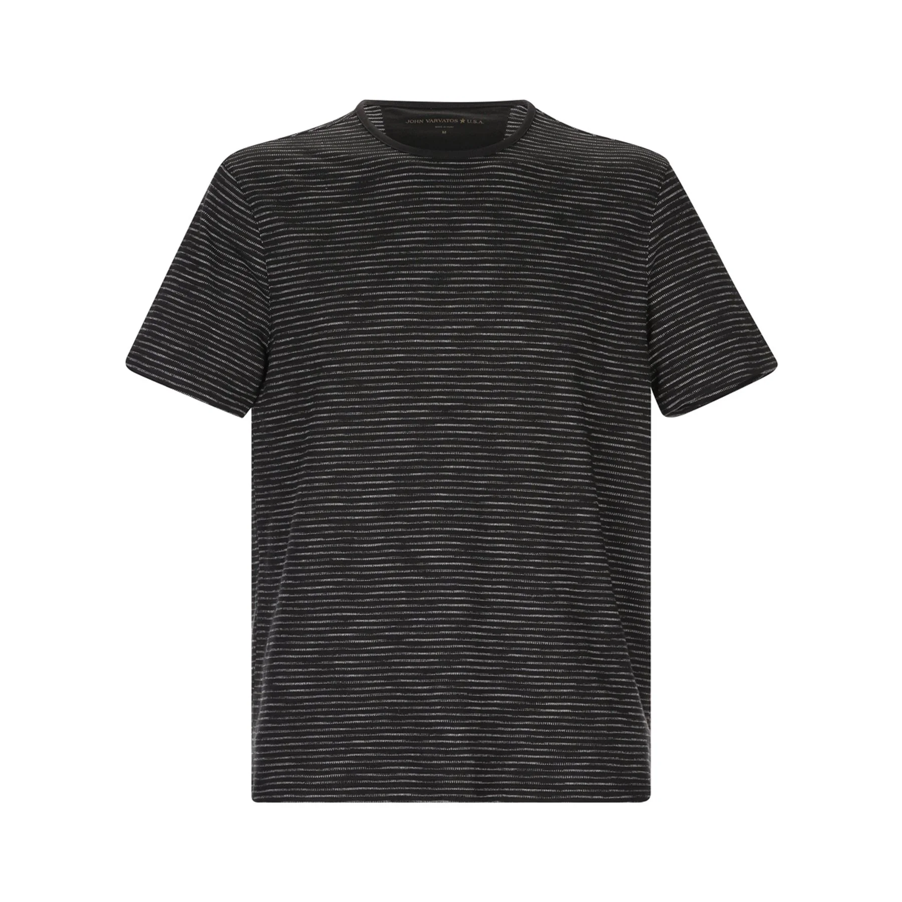 A black short-sleeve T-shirt with thin horizontal white and gray stripes.