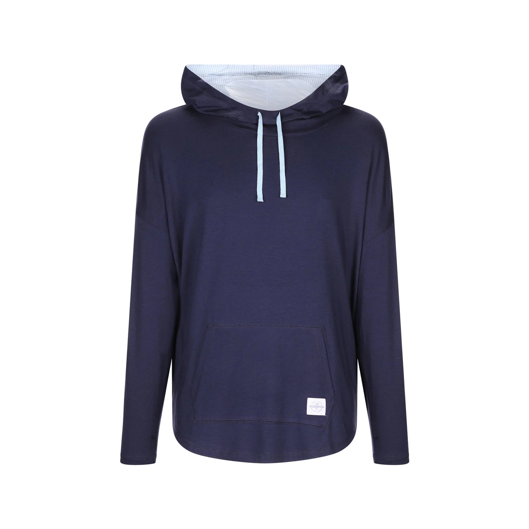 A navy blue hoodie with a front pocket, white drawstrings, and a white label at the bottom front.