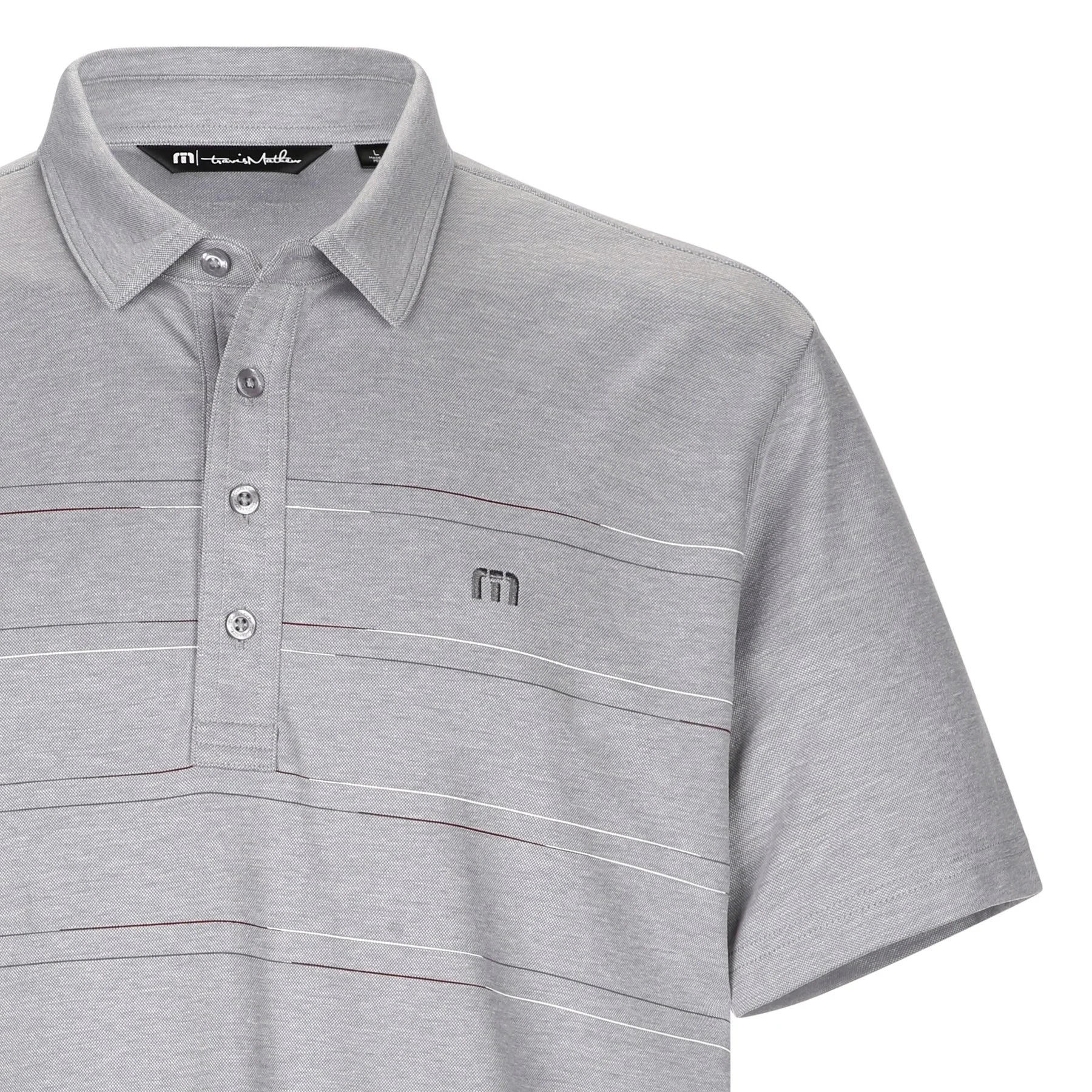 Close-up of a light gray collared men's dress shirt with buttons and a subtle horizontal striped pattern.
