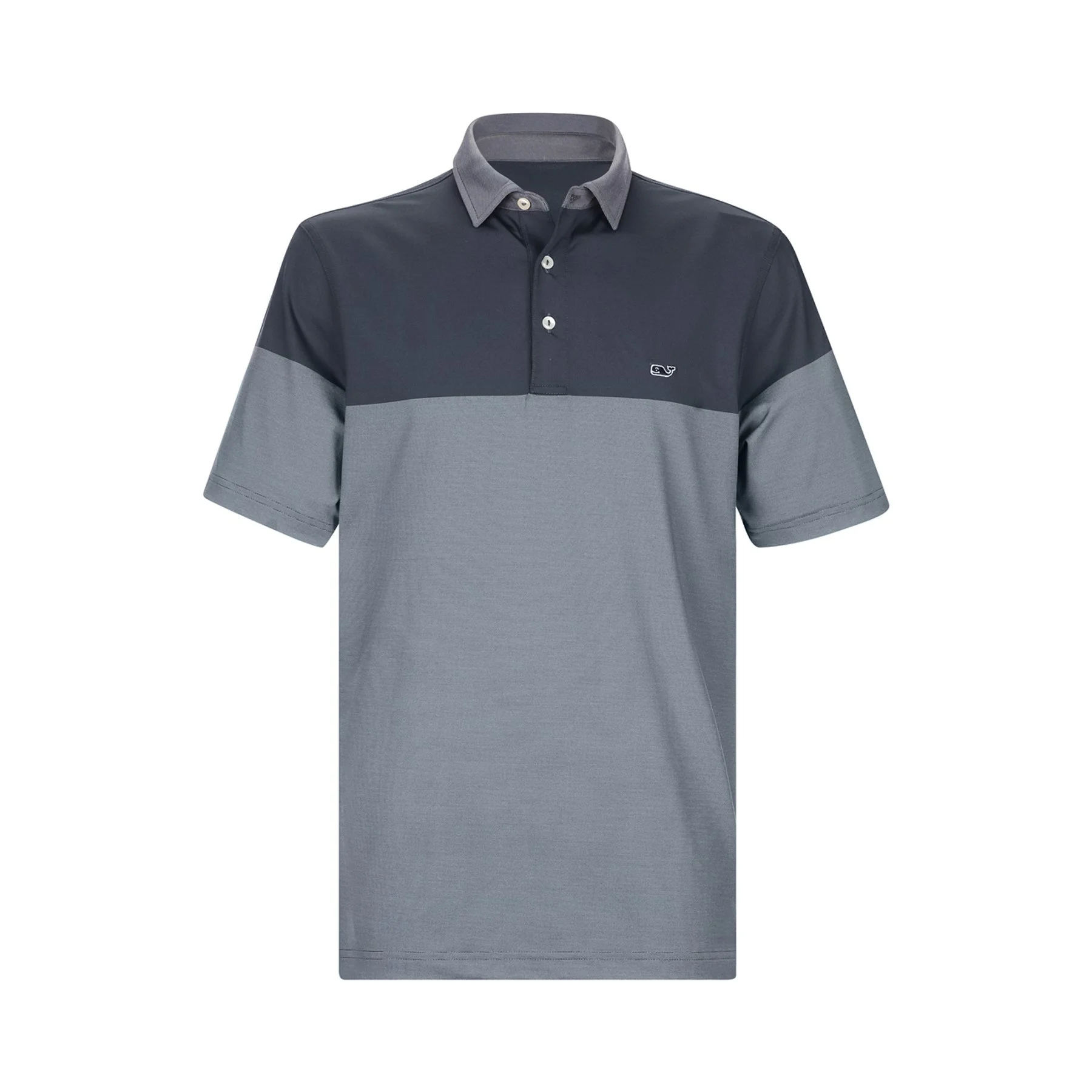 A men's polo shirt with a dark gray upper part and a light gray lower part, featuring a collar and placket with three buttons, and a small logo on the left chest.