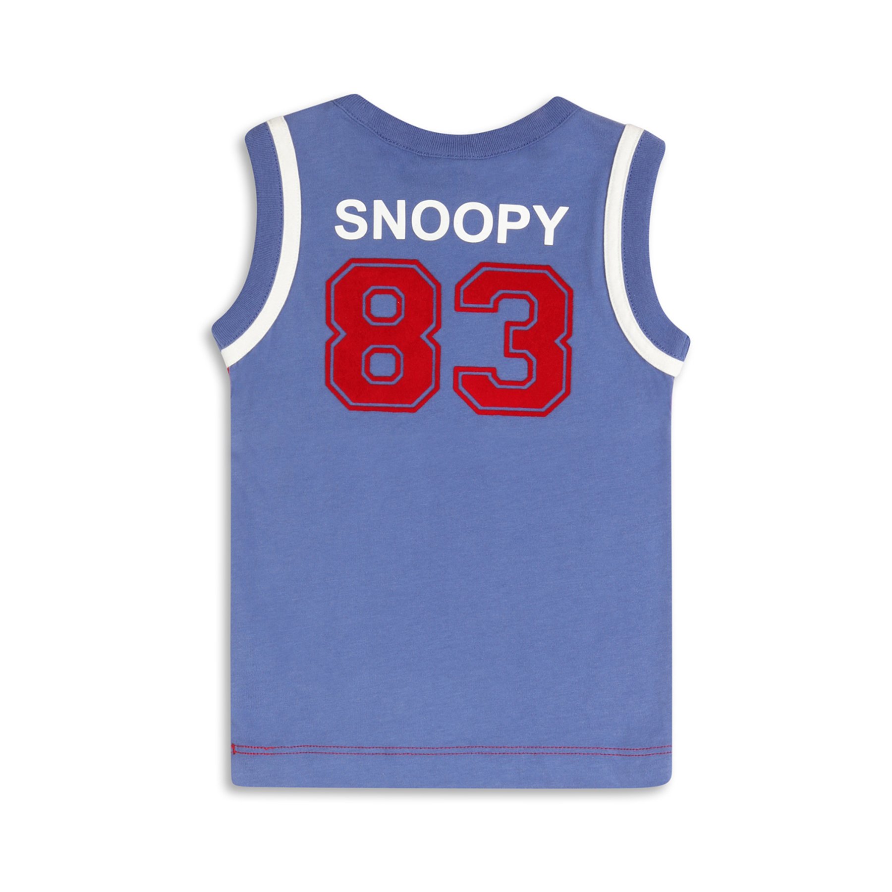Back of blue sports jersey with white trim, 'SNOOPY' written in white above large red number 83 outlined in blue.